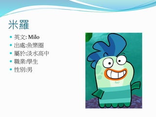 米羅
 英文: Milo
 出處:魚樂圈
 屬於:淡水高中
 職業:學生
 性別:男
 