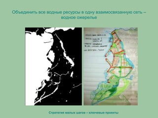 Объединить все водные ресурсы в одну взаимосвязанную сеть –
водное ожерелье
Стратегия малых шагов – ключевые проекты
 