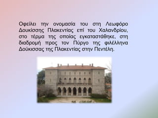 Οφείλει την ονομασία του στη Λεωφόρο
Δουκίσσης Πλακεντίας επί του Χαλανδρίου,
στο τέρμα της οποίας εγκαταστάθηκε, στη
διαδρομή προς τον Πύργο της φιλέλληνα
Δούκισσας της Πλακεντίας στην Πεντέλη.
 