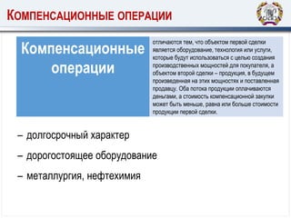 КОМПЕНСАЦИОННЫЕ ОПЕРАЦИИ
Компенсационные
операции
отличаются тем, что объектом первой сделки
является оборудование, технология или услуги,
которые будут использоваться с целью создания
производственных мощностей для покупателя, а
объектом второй сделки – продукция, в будущем
произведенная на этих мощностях и поставленная
продавцу. Оба потока продукции оплачиваются
деньгами, а стоимость компенсационной закупки
может быть меньше, равна или больше стоимости
продукции первой сделки.
– долгосрочный характер
– дорогостоящее оборудование
– металлургия, нефтехимия
 