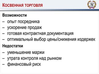 КОСВЕННАЯ ТОРГОВЛЯ
Возможности
– опыт посредника
– ускорение продаж
– готовая контрактная документация
– оптимальный выбор цены/снижения издержек
Недостатки
– уменьшение маржи
– утрата контроля над рынком
– финансовый риск
 