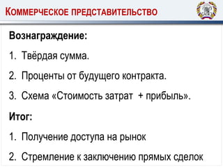 КОММЕРЧЕСКОЕ ПРЕДСТАВИТЕЛЬСТВО
Вознаграждение:
1. Твёрдая сумма.
2. Проценты от будущего контракта.
3. Схема «Стоимость затрат + прибыль».
Итог:
1. Получение доступа на рынок
2. Стремление к заключению прямых сделок
 
