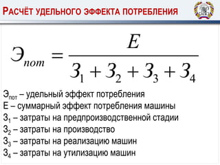 4321 ЗЗЗЗ
Е
Эпот


РАСЧЁТ УДЕЛЬНОГО ЭФФЕКТА ПОТРЕБЛЕНИЯ
Эпот – удельный эффект потребления
Е – суммарный эффект потребления машины
З1 – затраты на предпроизводственной стадии
З2 – затраты на производство
З3 – затраты на реализацию машин
З4 – затраты на утилизацию машин
 
