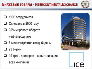 БИРЖЕВЫЕ ТОВАРЫ - INTERCONTINENTALEXCHANGE
 1100 сотрудников
 Основана в 2000 году
 30% мирового оборота
нефтепродуктов
 6 млн контрактов каждый день
 23 биржи
 19 трлн. долларов – капитализация
всех компаний
 