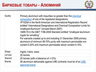 БИРЖЕВЫЕ ТОВАРЫ - АЛЮМИНИЙ
Quality Primary aluminium with impurities no greater than the chemical
composition of one of the registered designations:
•P1020A in the North American and International Registration Record
entitled “International Designations and Chemical Composition Limits for
Unalloyed Aluminum” (revised March 2007)
•Al99.70 in the GB/T 1196-2008 Standard entitled “Unalloyed aluminium
ingots for remelting”
For warrants created up to and including 31 December 2009 primary
aluminium of minimum 99.70% purity with maximum permissible iron
content 0.20% and maximum permissible silicon content 0.10%.
Shape Ingots, t-bars, sows
Lot size 25 tonnes
Warrant 25 tonnes (with a tolerance of +/-2%)
Brands All aluminium deliverable against LME contracts must be of an LME-
approved brand
 