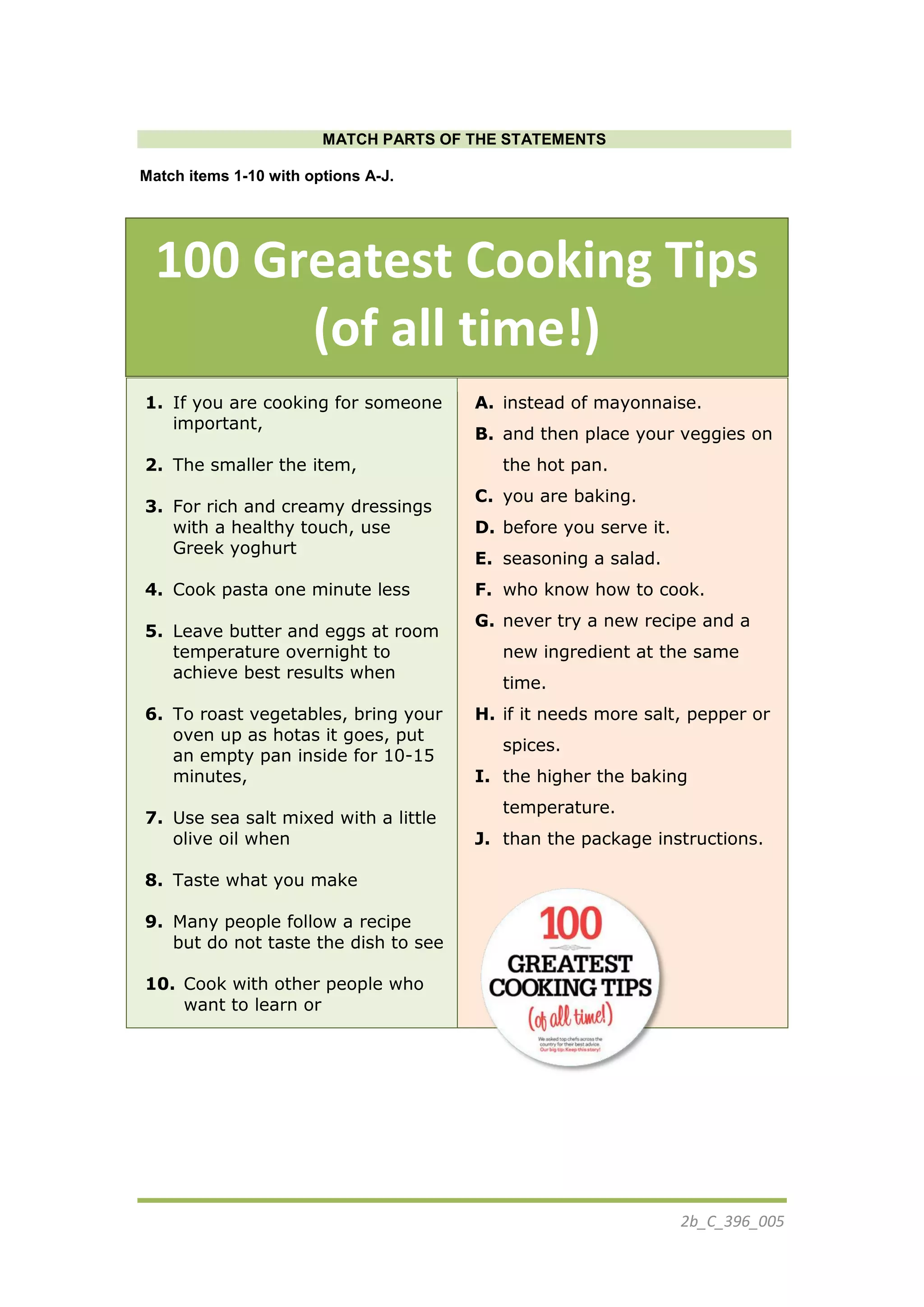 2b_C_396_005
MATCH PARTS OF THE STATEMENTS
Match items 1-10 with options A-J.
1. If you are cooking for someone
important,
2. The smaller the item,
3. For rich and creamy dressings
with a healthy touch, use
Greek yoghurt
4. Cook pasta one minute less
5. Leave butter and eggs at room
temperature overnight to
achieve best results when
6. To roast vegetables, bring your
oven up as hotas it goes, put
an empty pan inside for 10-15
minutes,
7. Use sea salt mixed with a little
olive oil when
8. Taste what you make
9. Many people follow a recipe
but do not taste the dish to see
10. Cook with other people who
want to learn or
A. instead of mayonnaise.
B. and then place your veggies on
the hot pan.
C. you are baking.
D. before you serve it.
E. seasoning a salad.
F. who know how to cook.
G. never try a new recipe and a
new ingredient at the same
time.
H. if it needs more salt, pepper or
spices.
I. the higher the baking
temperature.
J. than the package instructions.
100 Greatest Cooking Tips
(of all time!)
 