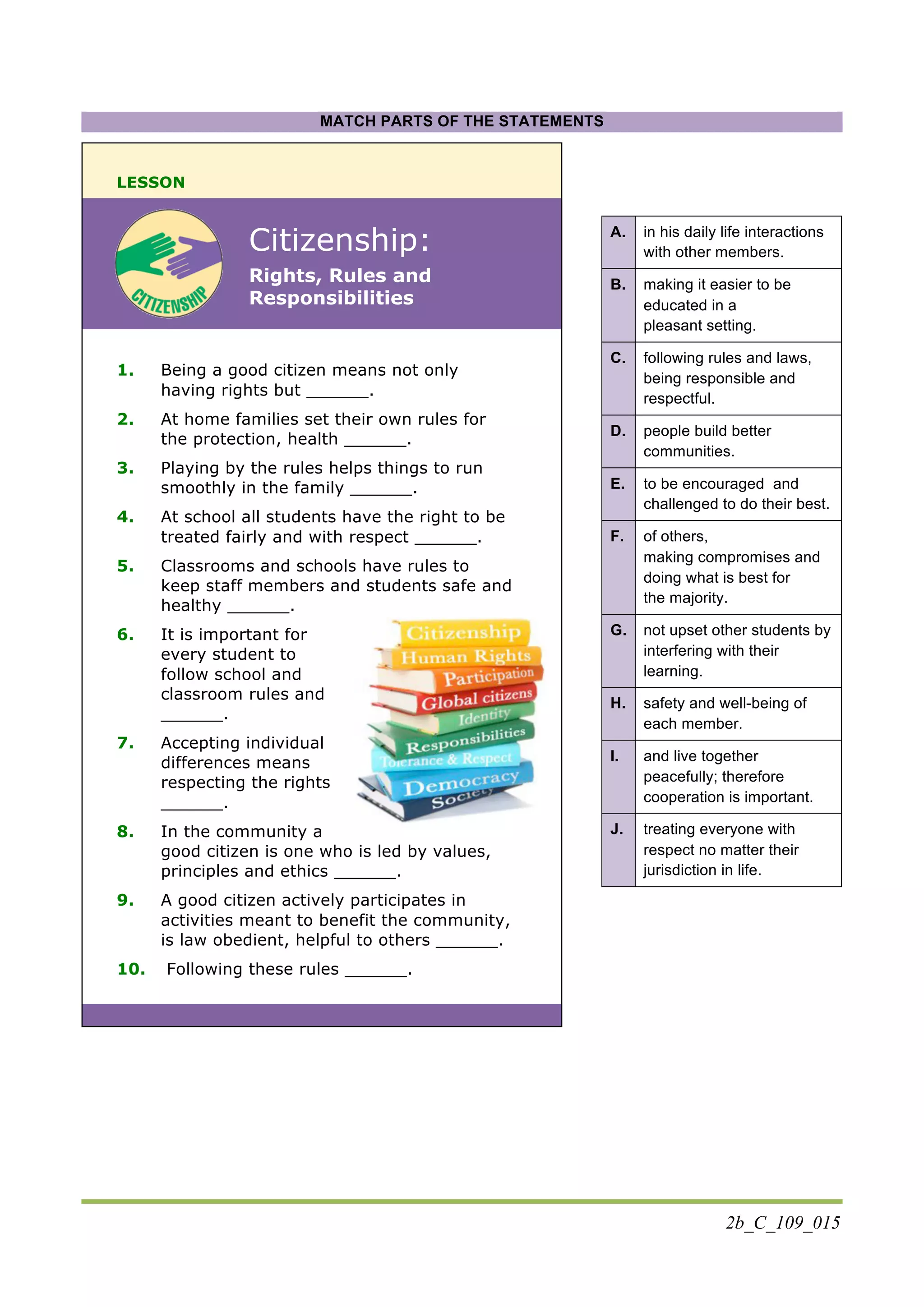 2b_C_109_015
MATCH PARTS OF THE STATEMENTS
LESSON
Citizenship:
Rights, Rules and
Responsibilities
1. Being a good citizen means not only
having rights but ______.
2. At home families set their own rules for
the protection, health ______.
3. Playing by the rules helps things to run
smoothly in the family ______.
4. At school all students have the right to be
treated fairly and with respect ______.
5. Classrooms and schools have rules to
keep staff members and students safe and
healthy ______.
6. It is important for
every student to
follow school and
classroom rules and
______.
7. Accepting individual
differences means
respecting the rights
______.
8. In the community a
good citizen is one who is led by values,
principles and ethics ______.
9. A good citizen actively participates in
activities meant to benefit the community,
is law obedient, helpful to others ______.
10. Following these rules ______.
A. in his daily life interactions
with other members.
B. making it easier to be
educated in a
pleasant setting.
C. following rules and laws,
being responsible and
respectful.
D. people build better
communities.
E. to be encouraged and
challenged to do their best.
F. of others,
making compromises and
doing what is best for
the majority.
G. not upset other students by
interfering with their
learning.
H. safety and well-being of
each member.
I. and live together
peacefully; therefore
cooperation is important.
J. treating everyone with
respect no matter their
jurisdiction in life.
 