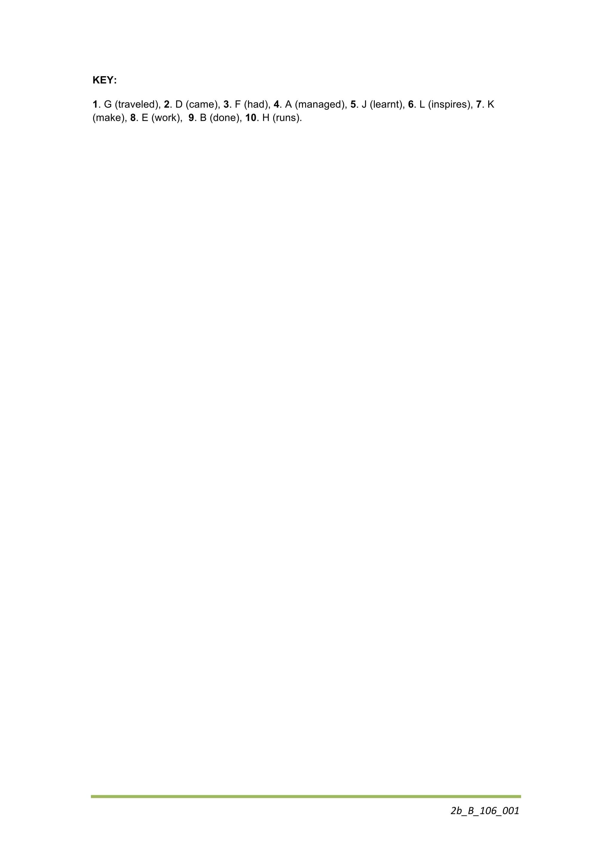 2b_B_106_001	
  
KEY:
1. G (traveled), 2. D (came), 3. F (had), 4. A (managed), 5. J (learnt), 6. L (inspires), 7. K
(make), 8. E (work), 9. B (done), 10. H (runs).
	
  
 