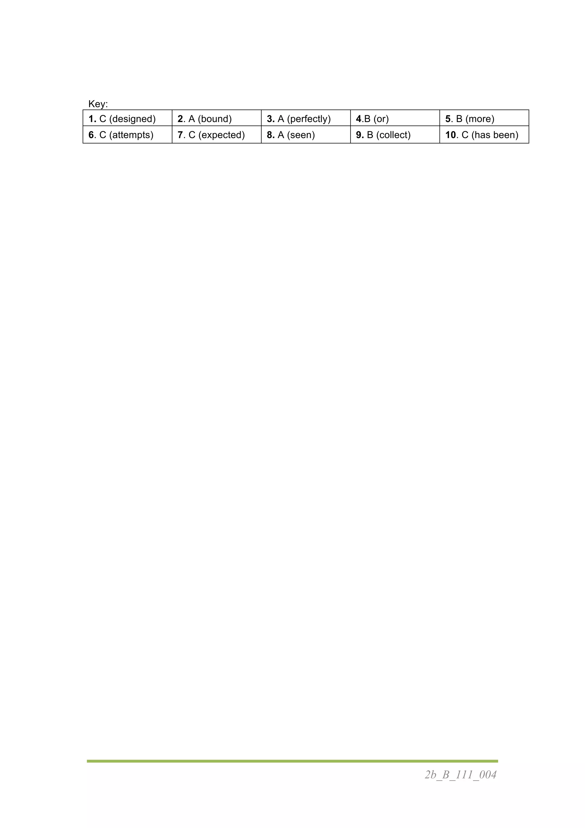 2b_B_111_004
Key:
1. C (designed) 2. A (bound) 3. A (perfectly) 4.B (or) 5. B (more)
6. C (attempts) 7. C (expected) 8. A (seen) 9. B (collect) 10. C (has been)
	
  
	
  
 