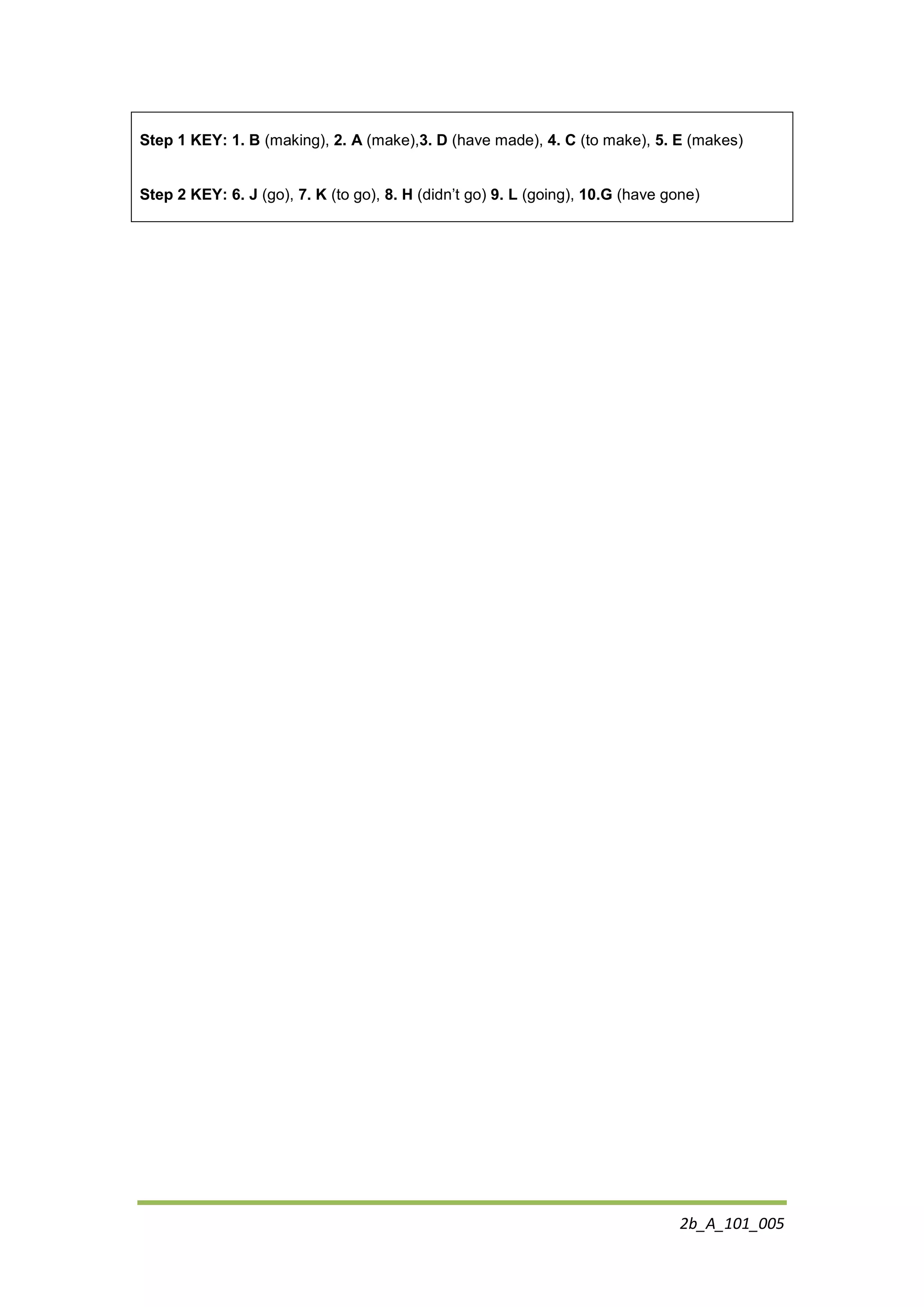 2b_A_101_005
Step 1 KEY: 1. B (making), 2. A (make),3. D (have made), 4. C (to make), 5. E (makes)
Step 2 KEY: 6. J (go), 7. K (to go), 8. H (didn’t go) 9. L (going), 10.G (have gone)
 