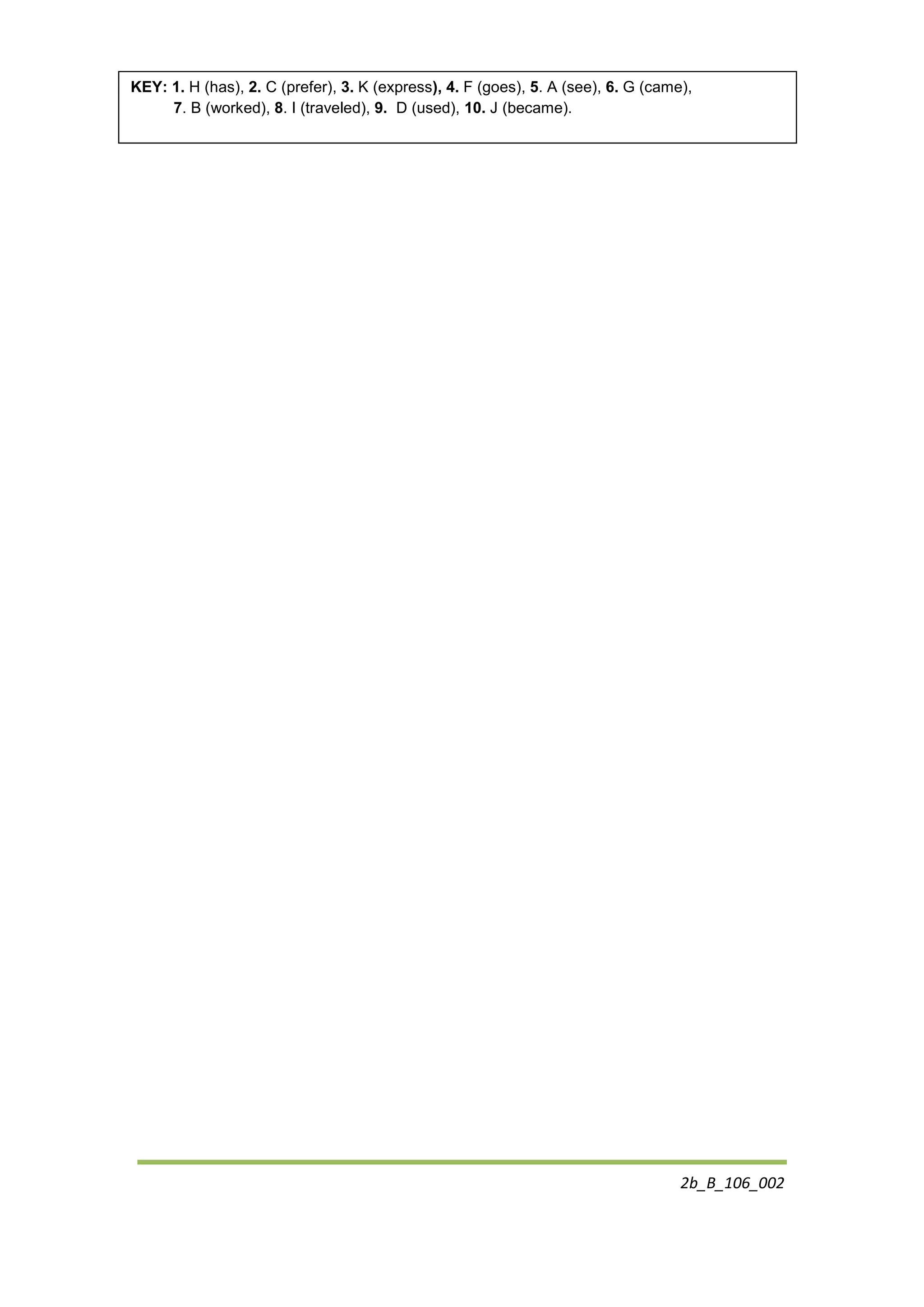 2b_B_106_002
KEY: 1. H (has), 2. C (prefer), 3. K (express), 4. F (goes), 5. A (see), 6. G (came),
7. B (worked), 8. I (traveled), 9. D (used), 10. J (became).
 