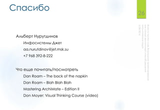 Спасибо
Альберт Нурутдинов
Инфосистемы Джет
aa.nurutdinov@jet.msk.su
+7 968 392-8-222
Что еще почитать/посмотреть
Dan Roam – The back of the napkin
Dan Roam – Blah Blah Blah
Mastering ArchiMate – Edition II
Don Moyer: Visual Thinking Course (video)
26
 