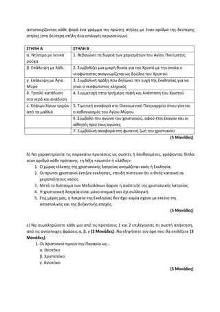 αντιστοιχίζοντας κάθε φορά ένα γράμμα της πρώτης στήλης με έναν αριθμό της δεύτερης
στήλης (στη δεύτερη στήλη δύο επιλογές περισσεύουν).
ΣΤΗΛΗ Α ΣΤΗΛΗ Β
α. Ντύσιμο με λευκά
ρούχα
1. Βεβαιώνει τη δωρεά των χαρισμάτων του Αγίου Πνεύματος
β. Επάλειψη με λάδι 2. Συμβολίζει μια μικρή θυσία για τον Χριστό με την οποία ο
νεοφώτιστος αναγνωρίζεται ως δούλος του Χριστού
γ. Επάλειψη με Άγιο
Μύρο
3. Συμβολική πράξη που δηλώνει την ευχή της Εκκλησίας για να
γίνει ο νεοφώτιστος κληρικός
δ. Τριπλή κατάδυση
στο νερό και ανάδυση
4. Συμμετοχή στην τριήμερη ταφή και Ανάσταση του Χριστού
ε. Κόψιμο λίγων τριχών
από τα μαλλιά
5. Τιμητική αναφορά στο Οικουμενικό Πατριαρχείο όπου γίνεται
ο καθαγιασμός του Αγίου Μύρου
6. Σύμβολο του αγώνα του χριστιανού, αφού έτσι έκαναν και οι
αθλητές πριν τους αγώνες
7. Συμβολική αναφορά στη φωτεινή ζωή του χριστιανού
(5 Μονάδες)
δ) Να χαρακτηρίσετε τις παρακάτω προτάσεις ως σωστές ή λανθασμένες, γράφοντας δίπλα
στον αριθμό κάθε πρότασης τη λέξη «σωστό» ή «λάθος»:
1. Ο χώρος τέλεσης της χριστιανικής λατρείας ονομάζεται ναός ή Εκκλησία.
2. Οι πρώτοι χριστιανοί έκτιζαν εκκλησίες, επειδή πίστευαν ότι ο Θεός κατοικεί σε
χειροποίητους ναούς.
3. Μετά το διάταγμα των Μεδιολάνων άρχισε η ανάπτυξη της χριστιανικής λατρείας.
4. Η χριστιανική λατρεία είναι μόνο ατομική και όχι συλλογική.
5. Στις μέρες μας, η λατρεία της Εκκλησίας δεν έχει καμία σχέση με εκείνη της
αποστολικής και της βυζαντινής εποχής.
(5 Μονάδες)
ε) Να συμπληρώσετε κάθε μια από τις προτάσεις 1 και 2 επιλέγοντας τη σωστή απάντηση,
από τις αντίστοιχες φράσεις α, β, γ (2 Μονάδες). Να εξηγήσετε τον όρο που θα επιλέξετε (3
Μονάδες).
1. Οι Χριστιανοί τιμούν την Παναγία ως…
α. Θεοτόκο
β. Χριστοτόκο
γ. Αγιοτόκο
(5 Μονάδες)
 
