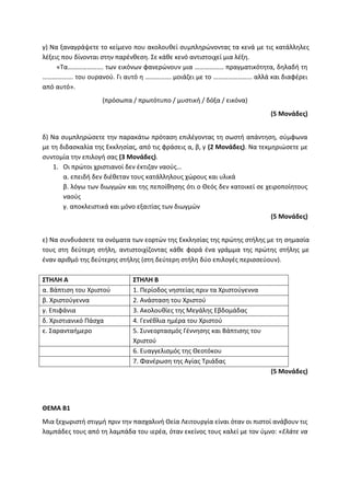 γ) Να ξαναγράψετε το κείμενο που ακολουθεί συμπληρώνοντας τα κενά με τις κατάλληλες
λέξεις που δίνονται στην παρένθεση. Σε κάθε κενό αντιστοιχεί μια λέξη.
«Τα…………………. των εικόνων φανερώνουν μια ……………… πραγματικότητα, δηλαδή τη
………………. του ουρανού. Γι αυτό η ……………. μοιάζει με το …………………… αλλά και διαφέρει
από αυτό».
(πρόσωπα / πρωτότυπο / μυστική / δόξα / εικόνα)
(5 Μονάδες)
δ) Να συμπληρώσετε την παρακάτω πρόταση επιλέγοντας τη σωστή απάντηση, σύμφωνα
με τη διδασκαλία της Εκκλησίας, από τις φράσεις α, β, γ (2 Μονάδες). Να τεκμηριώσετε με
συντομία την επιλογή σας (3 Μονάδες).
1. Οι πρώτοι χριστιανοί δεν έκτιζαν ναούς…
α. επειδή δεν διέθεταν τους κατάλληλους χώρους και υλικά
β. λόγω των διωγμών και της πεποίθησης ότι ο Θεός δεν κατοικεί σε χειροποίητους
ναούς
γ. αποκλειστικά και μόνο εξαιτίας των διωγμών
(5 Μονάδες)
ε) Να συνδυάσετε τα ονόματα των εορτών της Εκκλησίας της πρώτης στήλης με τη σημασία
τους στη δεύτερη στήλη, αντιστοιχίζοντας κάθε φορά ένα γράμμα της πρώτης στήλης με
έναν αριθμό της δεύτερης στήλης (στη δεύτερη στήλη δύο επιλογές περισσεύουν).
ΣΤΗΛΗ Α ΣΤΗΛΗ Β
α. Βάπτιση του Χριστού 1. Περίοδος νηστείας πριν τα Χριστούγεννα
β. Χριστούγεννα 2. Ανάσταση του Χριστού
γ. Επιφάνια 3. Ακολουθίες της Μεγάλης Εβδομάδας
δ. Χριστιανικό Πάσχα 4. Γενέθλια ημέρα του Χριστού
ε. Σαρανταήμερο 5. Συνεορτασμός Γέννησης και Βάπτισης του
Χριστού
6. Ευαγγελισμός της Θεοτόκου
7. Φανέρωση της Αγίας Τριάδας
(5 Μονάδες)
ΘΕΜΑ Β1
Μια ξεχωριστή στιγμή πριν την πασχαλινή Θεία Λειτουργία είναι όταν οι πιστοί ανάβουν τις
λαμπάδες τους από τη λαμπάδα του ιερέα, όταν εκείνος τους καλεί με τον ύμνο: «Ελάτε να
 
