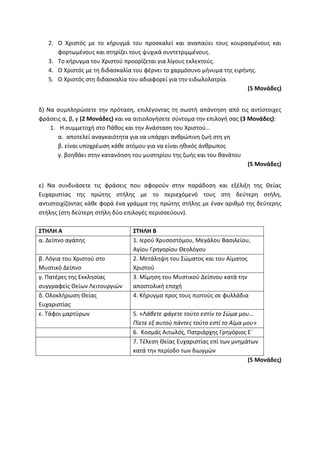2. Ο Χριστός με το κήρυγμά του προσκαλεί και αναπαύει τους κουρασμένους και
φορτωμένους και στηρίζει τους ψυχικά συντετριμμένους.
3. Το κήρυγμα του Χριστού προορίζεται για λίγους εκλεκτούς.
4. Ο Χριστός με τη διδασκαλία του φέρνει το χαρμόσυνο μήνυμα της ειρήνης.
5. Ο Χριστός στη διδασκαλία του αδιαφορεί για την ειδωλολατρία.
(5 Μονάδες)
δ) Να συμπληρώσετε την πρόταση, επιλέγοντας τη σωστή απάντηση από τις αντίστοιχες
φράσεις α, β, γ (2 Μονάδες) και να αιτιολογήσετε σύντομα την επιλογή σας (3 Μονάδες):
1. Η συμμετοχή στο Πάθος και την Ανάσταση του Χριστού…
α. αποτελεί αναγκαιότητα για να υπάρχει ανθρώπινη ζωή στη γη
β. είναι υποχρέωση κάθε ατόμου για να είναι ηθικός άνθρωπος
γ. βοηθάει στην κατανόηση του μυστηρίου της ζωής και του θανάτου
(5 Μονάδες)
ε) Να συνδυάσετε τις φράσεις που αφορούν στην παράδοση και εξέλιξη της Θείας
Ευχαριστίας της πρώτης στήλης με το περιεχόμενό τους στη δεύτερη στήλη,
αντιστοιχίζοντας κάθε φορά ένα γράμμα της πρώτης στήλης με έναν αριθμό της δεύτερης
στήλης (στη δεύτερη στήλη δύο επιλογές περισσεύουν).
ΣΤΗΛΗ Α ΣΤΗΛΗ Β
α. Δείπνο αγάπης 1. Ιερού Χρυσοστόμου, Μεγάλου Βασιλείου,
Αγίου Γρηγορίου Θεολόγου
β. Λόγια του Χριστού στο
Μυστικό Δείπνο
2. Μετάληψη του Σώματος και του Αίματος
Χριστού
γ. Πατέρες της Εκκλησίας
συγγραφείς Θείων Λειτουργιών
3. Μίμηση του Μυστικού Δείπνου κατά την
αποστολική εποχή
δ. Ολοκλήρωση Θείας
Ευχαριστίας
4. Κήρυγμα προς τους πιστούς σε φυλλάδια
ε. Τάφοι μαρτύρων 5. «Λάβετε φάγετε τούτο εστίν το Σώμα μου…
Πίετε εξ αυτού πάντες τούτο εστί το Αίμα μου»
6. Κοσμάς Αιτωλός, Πατριάρχης Γρηγόριος Ε΄
7. Τέλεση Θείας Ευχαριστίας επί των μνημάτων
κατά την περίοδο των διωγμών
(5 Μονάδες)
 