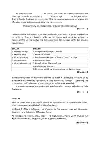 «Η ανάμνηση των ………………… του Χριστού μάς βοηθά να συνειδητοποιήσουμε όχι
μόνο την ευεργεσία της σωματικής ………….. αλλά και την ……………. της ψυχικής υγείας.
Όταν ο Χριστός θεράπευε τον …………., του έδινε τη σωματική όραση και ταυτόχρονα τον
οδηγούσε στη συνειδητοποίηση της ανάγκης για ……………..».
(πνευματική πρόοδο / θεραπείας / ανάγκη / τυφλό / θαυμάτων)
(5 Μονάδες)
δ) Να συνδέσετε κάθε ημέρα της Μεγάλης Εβδομάδας στην πρώτη στήλη με το γεγονός με
το οποίο σχετίζεται στη δεύτερη στήλη, αντιστοιχίζοντας κάθε φορά ένα γράμμα της
πρώτης στήλης με έναν αριθμό της δεύτερης στήλης (στη δεύτερη στήλη δύο επιλογές
περισσεύουν).
ΣΤΗΛΗ Α ΣΤΗΛΗ Β
α. Μεγάλη Δευτέρα 1. Πάθη και Σταύρωση του Χριστού
β. Μεγάλη Τρίτη 2. Μυστικός Δείπνος
γ. Μεγάλη Τετάρτη 3. Γυναίκα που άλειψε τα πόδια του Χριστού με μύρο
δ. Μεγάλη Πέμπτη 4. Απιστία του Θωμά
ε. Μεγάλη Παρασκευή 5. Παραβολή των δέκα παρθένων
6. Ανάληψη του Χριστού
7. Πάγκαλος Ιωσήφ και περιστατικό με την άκαρπη συκιά
(5 Μονάδες)
ε) Να χαρακτηρίσετε την παρακάτω πρόταση ως σωστή ή λανθασμένη, σύμφωνα με τη
διδασκαλία της Εκκλησίας, γράφοντας τη λέξη «σωστό» ή «λάθος» (2 Μονάδες). Να
τεκμηριώσετε πολύ σύντομα τον χαρακτηρισμό της πρότασης (3 Μονάδες).
1. Η συμφιλίωση και η ειρήνη όλων των ανθρώπων είναι ευχή της Εκκλησίας στη Θεία
Ευχαριστία.
(5 Μονάδες)
ΘΕΜΑ Β1
«Εάν το Πάσχα είναι η πιο λαμπρή γιορτή του Χριστιανισμού, τα Χριστούγεννα βέβαια,
είναι η πιο συγκινητική» (Αλέξανδρος Παπαδιαμάντης).
«…Πολλά δε θέλει ο άνθρωπος, να ‘ν’ ήμερος να ‘ναι άκακος, λίγο φαΐ, λίγο κρασί,
Χριστούγεννα κι Ανάσταση» (Οδυσσέας Ελύτης).
Αφού διαβάσετε τους παραπάνω στίχους να επιχειρηματολογήσετε για τη σημασία των
Χριστουγέννων και του Πάσχα στη ζωή του σύγχρονου ανθρώπου.
(25 Μονάδες)
 
