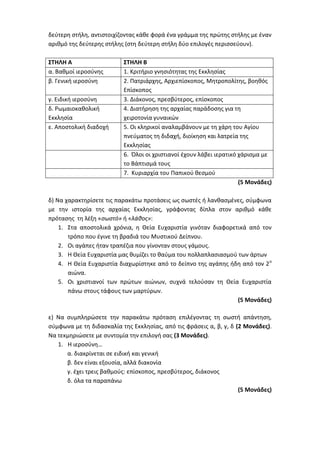 δεύτερη στήλη, αντιστοιχίζοντας κάθε φορά ένα γράμμα της πρώτης στήλης με έναν
αριθμό της δεύτερης στήλης (στη δεύτερη στήλη δύο επιλογές περισσεύουν).
ΣΤΗΛΗ Α ΣΤΗΛΗ Β
α. Βαθμοί ιεροσύνης 1. Κριτήριο γνησιότητας της Εκκλησίας
β. Γενική ιεροσύνη 2. Πατριάρχης, Αρχιεπίσκοπος, Μητροπολίτης, βοηθός
Επίσκοπος
γ. Ειδική ιεροσύνη 3. Διάκονος, πρεσβύτερος, επίσκοπος
δ. Ρωμαιοκαθολική
Εκκλησία
4. Διατήρηση της αρχαίας παράδοσης για τη
χειροτονία γυναικών
ε. Αποστολική διαδοχή 5. Οι κληρικοί αναλαμβάνουν με τη χάρη του Αγίου
πνεύματος τη διδαχή, διοίκηση και λατρεία της
Εκκλησίας
6. Όλοι οι χριστιανοί έχουν λάβει ιερατικό χάρισμα με
το Βάπτισμά τους
7. Κυριαρχία του Παπικού θεσμού
(5 Μονάδες)
δ) Να χαρακτηρίσετε τις παρακάτω προτάσεις ως σωστές ή λανθασμένες, σύμφωνα
με την ιστορία της αρχαίας Εκκλησίας, γράφοντας δίπλα στον αριθμό κάθε
πρότασης τη λέξη «σωστό» ή «λάθος»:
1. Στα αποστολικά χρόνια, η Θεία Ευχαριστία γινόταν διαφορετικά από τον
τρόπο που έγινε τη βραδιά του Μυστικού Δείπνου.
2. Οι αγάπες ήταν τραπέζια που γίνονταν στους γάμους.
3. Η Θεία Ευχαριστία μας θυμίζει το θαύμα του πολλαπλασιασμού των άρτων
4. Η Θεία Ευχαριστία διαχωρίστηκε από το δείπνο της αγάπης ήδη από τον 2ο
αιώνα.
5. Οι χριστιανοί των πρώτων αιώνων, συχνά τελούσαν τη Θεία Ευχαριστία
πάνω στους τάφους των μαρτύρων.
(5 Μονάδες)
ε) Να συμπληρώσετε την παρακάτω πρόταση επιλέγοντας τη σωστή απάντηση,
σύμφωνα με τη διδασκαλία της Εκκλησίας, από τις φράσεις α, β, γ, δ (2 Μονάδες).
Να τεκμηριώσετε με συντομία την επιλογή σας (3 Μονάδες).
1. Η ιεροσύνη…
α. διακρίνεται σε ειδική και γενική
β. δεν είναι εξουσία, αλλά διακονία
γ. έχει τρεις βαθμούς: επίσκοπος, πρεσβύτερος, διάκονος
δ. όλα τα παραπάνω
(5 Μονάδες)
 