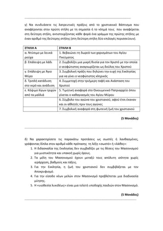………………………………………………………………………………………………………………………………………
γ) Να συνδυάσετε τις λατρευτικές πράξεις από το χριστιανικό Βάπτισμα που
αναφέρονται στην πρώτη στήλη με τη σημασία ή το νόημά τους που αναφέρεται
στη δεύτερη στήλη, αντιστοιχίζοντας κάθε φορά ένα γράμμα της πρώτης στήλης με
έναν αριθμό της δεύτερης στήλης (στη δεύτερη στήλη δύο επιλογές περισσεύουν).
ΣΤΗΛΗ Α ΣΤΗΛΗ Β
α. Ντύσιμο με λευκά
ρούχα
1. Βεβαιώνει τη δωρεά των χαρισμάτων του Αγίου
Πνεύματος
β. Επάλειψη με λάδι 2. Συμβολίζει μια μικρή θυσία για τον Χριστό με την οποία
ο νεοφώτιστος αναγνωρίζεται ως δούλος του Χριστού
γ. Επάλειψη με Άγιο
Μύρο
3. Συμβολική πράξη που δηλώνει την ευχή της Εκκλησίας
για να γίνει ο νεοφώτιστος κληρικός
δ. Τριπλή κατάδυση
στο νερό και ανάδυση
4. Συμμετοχή στην τριήμερη ταφή και Ανάσταση του
Χριστού
ε. Κόψιμο λίγων τριχών
από τα μαλλιά
5. Τιμητική αναφορά στο Οικουμενικό Πατριαρχείο όπου
γίνεται ο καθαγιασμός του Αγίου Μύρου
6. Σύμβολο του αγώνα του χριστιανού, αφού έτσι έκαναν
και οι αθλητές πριν τους αγώνες
7. Συμβολική αναφορά στη φωτεινή ζωή του χριστιανού
(5 Μονάδες)
………………………………………………………………………………………………………………………………………..
δ) Να χαρακτηρίσετε τις παρακάτω προτάσεις ως σωστές ή λανθασμένες,
γράφοντας δίπλα στον αριθμό κάθε πρότασης τη λέξη «σωστό» ή «λάθος»:
1. Η διδασκαλία της Εκκλησίας δεν συμβαδίζει με τις θέσεις του Μασονισμού
για μυστικότητα και υπακοή χωρίς όρους.
2. Τα μέλη του Μασονισμού έχουν μεταξύ τους απόλυτη ισότητα χωρίς
ιεράρχηση, βαθμούς και τάξεις.
3. Για την Εκκλησία, η ζωή του χριστιανού δεν συμβιβάζεται με τον
Αποκρυφισμό.
4. Για την είσοδο νέων μελών στον Μασονισμό προβλέπεται μια διαδικασία
μύησης.
5. Η «υιοθεσία λυκιδέως» είναι μια τελετή υποδοχής παιδιών στον Μασονισμό.
(5 Μονάδες)
……………………………………………………………………………………………………………………………………………..
 