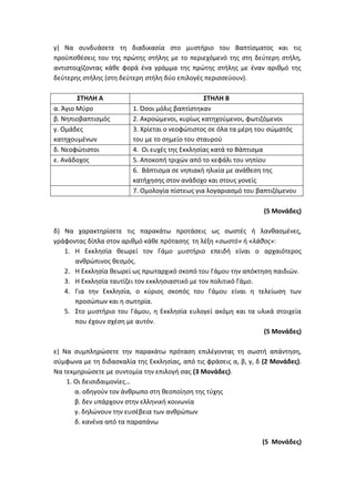 γ) Να συνδυάσετε τη διαδικασία στο μυστήριο του Βαπτίσματος και τις
προϋποθέσεις του της πρώτης στήλης με το περιεχόμενό της στη δεύτερη στήλη,
αντιστοιχίζοντας κάθε φορά ένα γράμμα της πρώτης στήλης με έναν αριθμό της
δεύτερης στήλης (στη δεύτερη στήλη δύο επιλογές περισσεύουν).
ΣΤΗΛΗ Α ΣΤΗΛΗ Β
α. Άγιο Μύρο 1. Όσοι μόλις βαπτίστηκαν
β. Νηπιοβαπτισμός 2. Ακροώμενοι, κυρίως κατηχούμενοι, φωτιζόμενοι
γ. Ομάδες
κατηχουμένων
3. Χρίεται ο νεοφώτιστος σε όλα τα μέρη του σώματός
του με το σημείο του σταυρού
δ. Νεοφώτιστοι 4. Οι ευχές της Εκκλησίας κατά το Βάπτισμα
ε. Ανάδοχος 5. Αποκοπή τριχών από το κεφάλι του νηπίου
6. Βάπτισμα σε νηπιακή ηλικία με ανάθεση της
κατήχησης στον ανάδοχο και στους γονείς
7. Ομολογία πίστεως για λογαριασμό του βαπτιζόμενου
(5 Μονάδες)
δ) Να χαρακτηρίσετε τις παρακάτω προτάσεις ως σωστές ή λανθασμένες,
γράφοντας δίπλα στον αριθμό κάθε πρότασης τη λέξη «σωστό» ή «λάθος»:
1. Η Εκκλησία θεωρεί τον Γάμο μυστήριο επειδή είναι ο αρχαιότερος
ανθρώπινος θεσμός.
2. Η Εκκλησία θεωρεί ως πρωταρχικό σκοπό του Γάμου την απόκτηση παιδιών.
3. Η Εκκλησία ταυτίζει τον εκκλησιαστικό με τον πολιτικό Γάμο.
4. Για την Εκκλησία, ο κύριος σκοπός του Γάμου είναι η τελείωση των
προσώπων και η σωτηρία.
5. Στο μυστήριο του Γάμου, η Εκκλησία ευλογεί ακόμη και τα υλικά στοιχεία
που έχουν σχέση με αυτόν.
(5 Μονάδες)
ε) Να συμπληρώσετε την παρακάτω πρόταση επιλέγοντας τη σωστή απάντηση,
σύμφωνα με τη διδασκαλία της Εκκλησίας, από τις φράσεις α, β, γ, δ (2 Μονάδες).
Να τεκμηριώσετε με συντομία την επιλογή σας (3 Μονάδες).
1. Οι δεισιδαιμονίες…
α. οδηγούν τον άνθρωπο στη θεοποίηση της τύχης
β. δεν υπάρχουν στην ελληνική κοινωνία
γ. δηλώνουν την ευσέβεια των ανθρώπων
δ. κανένα από τα παραπάνω
(5 Μονάδες)
 