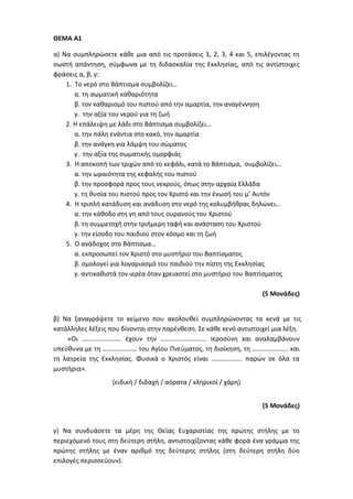ΘΕΜΑ Α1
α) Να συμπληρώσετε κάθε μια από τις προτάσεις 1, 2, 3, 4 και 5, επιλέγοντας τη
σωστή απάντηση, σύμφωνα με τη διδασκαλία της Εκκλησίας, από τις αντίστοιχες
φράσεις α, β, γ:
1. Το νερό στο Βάπτισμα συμβολίζει…
α. τη σωματική καθαριότητα
β. τον καθαρισμό του πιστού από την αμαρτία, την αναγέννηση
γ. την αξία του νερού για τη ζωή
2. Η επάλειψη με λάδι στο Βάπτισμα συμβολίζει…
α. την πάλη ενάντια στο κακό, την αμαρτία
β. την ανάγκη για λάμψη του σώματος
γ. την αξία της σωματικής ομορφιάς
3. Η αποκοπή των τριχών από το κεφάλι, κατά το Βάπτισμα, συμβολίζει…
α. την ωραιότητα της κεφαλής του πιστού
β. την προσφορά προς τους νεκρούς, όπως στην αρχαία Ελλάδα
γ. τη θυσία του πιστού προς τον Χριστό και την ένωσή του μ’ Αυτόν
4. Η τριπλή κατάδυση και ανάδυση στο νερό της κολυμβήθρας δηλώνει…
α. την κάθοδο στη γη από τους ουρανούς του Χριστού
β. τη συμμετοχή στην τριήμερη ταφή και ανάσταση του Χριστού
γ. την είσοδο του παιδιού στον κόσμο και τη ζωή
5. Ο ανάδοχος στο Βάπτισμα…
α. εκπροσωπεί τον Χριστό στο μυστήριο του Βαπτίσματος
β. ομολογεί για λογαριασμό του παιδιού την πίστη της Εκκλησίας
γ. αντικαθιστά τον ιερέα όταν χρειαστεί στο μυστήριο του Βαπτίσματος
(5 Μονάδες)
β) Να ξαναγράψετε το κείμενο που ακολουθεί συμπληρώνοντας τα κενά με τις
κατάλληλες λέξεις που δίνονται στην παρένθεση. Σε κάθε κενό αντιστοιχεί μια λέξη.
«Οι …………………… έχουν την ………………………. Ιεροσύνη και αναλαμβάνουν
υπεύθυνα με τη ………………… του Αγίου Πνεύματος, τη διοίκηση, τη …………………. και
τη λατρεία της Εκκλησίας. Φυσικά ο Χριστός είναι ………………. παρών σε όλα τα
μυστήρια».
(ειδική / διδαχή / αόρατα / κληρικοί / χάρη)
(5 Μονάδες)
γ) Να συνδυάσετε τα μέρη της Θείας Ευχαριστίας της πρώτης στήλης με το
περιεχόμενό τους στη δεύτερη στήλη, αντιστοιχίζοντας κάθε φορά ένα γράμμα της
πρώτης στήλης με έναν αριθμό της δεύτερης στήλης (στη δεύτερη στήλη δύο
επιλογές περισσεύουν).
 