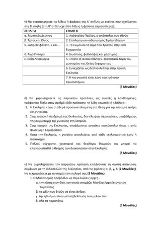 γ) Να αντιστοιχήσετε τις λέξεις ή φράσεις της Α’ στήλης με εκείνες που σχετίζονται
στη Β’ στήλη (στη Β’ στήλη έχει δύο λέξεις ή φράσεις περισσότερες).
ΣΤΗΛΗ Α ΣΤΗΛΗ Β
α. Μυστικός Δείπνος 1. Απόστολος Παύλος, ο απόστολος των εθνών
β. Άρτος και Οίνος 2. Επίκληση και καθαγιασμός Τιμίων Δώρων
γ. «Λάβετε φάγετε..» και… 3. Το Σώμα και το Αίμα του Χριστού στη Θεία
Ευχαριστία
δ. Άγιο Πνεύμα 4. Ιουστίνος, φιλόσοφος και μάρτυρας
ε. Θεία Λειτουργία 5. «Πίετε εξ αυτού πάντες». Συστατικοί λόγοι του
μυστηρίου της Θείας Ευχαριστίας
6. Συνεχίζεται ως Δείπνο Αγάπης στην πρώτη
Εκκλησία
7. Η πιο γνωστή είναι έργο του Ιωάννου
Χρυσοστόμου
(5 Μονάδες)
δ) Να χαρακτηρίσετε τις παρακάτω προτάσεις ως σωστές ή λανθασμένες,
γράφοντας δίπλα στον αριθμό κάθε πρότασης τη λέξη «σωστό» ή «λάθος»:
1. Η Εκκλησία είναι σταθερά προσανατολισμένη στη θέση για την ισοτιμία άνδρα
και γυναίκας.
2. Στην ιστορική διαδρομή της Εκκλησίας, δεν έλειψαν περιπτώσεις υποβάθμισης
της συμμετοχής της γυναίκας στη λατρεία.
3. Στην ιστορία της Εκκλησίας, αναφέρονται γυναίκες ισαπόστολοι όπως η αγία
Φωτεινή η Σαμαρείτιδα.
4. Κατά την Εκκλησία, η γυναίκα αποκλείεται από κάθε εκκλησιαστικό έργο ή
διακόνημα.
5. Πολλοί σύγχρονοι χριστιανοί και θεολόγοι θεωρούν ότι μπορεί να
επανασυσταθεί ο θεσμός των διακονισσών στην Εκκλησία.
(5 Μονάδες)
ε) Να συμπληρώσετε την παρακάτω πρόταση επιλέγοντας τη σωστή απάντηση,
σύμφωνα με τη διδασκαλία της Εκκλησίας, από τις φράσεις α, β, γ, δ (2 Μονάδες).
Να τεκμηριώσετε με συντομία την επιλογή σας (3 Μονάδες).
1. Ο Μασονισμός προβάλλει ως θεμελιώδεις αρχές…
α. την πίστη στον Θεό, τον οποίο ονομάζει Μεγάλο Αρχιτέκτονα του
Σύμπαντος
β. τα μέλη των Στοών να είναι άνδρες
γ. την ηθική και πνευματική βελτίωση των μελών του
δ. όλα τα παραπάνω
(5 Μονάδες)
 
