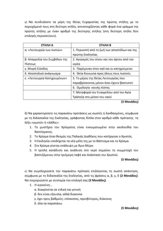 γ) Να συνδυάσετε τα μέρη της Θείας Ευχαριστίας της πρώτης στήλης με το
περιεχόμενό τους στη δεύτερη στήλη, αντιστοιχίζοντας κάθε φορά ένα γράμμα της
πρώτης στήλης με έναν αριθμό της δεύτερης στήλης (στη δεύτερη στήλη δύο
επιλογές περισσεύουν).
ΣΤΗΛΗ Α ΣΤΗΛΗ Β
α. «Λειτουργία των πιστών» 1. Περικοπή από τη ζωή των αποστόλων και της
πρώτης Εκκλησίας
β. Απαγγελία του Συμβόλου της
Πίστεως
2. Αγιασμός του οίνου και του άρτου από τον
ιερέα
γ. Μικρή Είσοδος 3. Παρέμεναν στον ναό και οι κατηχούμενοι
δ. Αποστολικό ανάγνωσμα 4. Θεία Κοινωνία προς όλους τους πιστούς
ε. «Λειτουργία Κατηχουμένων» 5. Το μέρος της Θείας Λειτουργίας που
παραβρίσκονται μόνον όσοι έχουν βαπτιστεί
6. Ομολογία κοινής πίστης
7. Μεταφορά του Ευαγγελίου από την Αγία
Τράπεζα στο μέσον του ναού
(5 Μονάδες)
δ) Να χαρακτηρίσετε τις παρακάτω προτάσεις ως σωστές ή λανθασμένες, σύμφωνα
με τη διδασκαλία της Εκκλησίας, γράφοντας δίπλα στον αριθμό κάθε πρότασης τη
λέξη «σωστό» ή «λάθος»:
1. Το μυστήριο του Χρίσματος είναι ενσωματωμένο στην ακολουθία του
Βαπτίσματος.
2. Το Χρίσμα ήταν θεσμός της Παλαιάς Διαθήκης που κατήργησε ο Χριστός.
3. Η Εκκλησία υποδέχεται τα νέα μέλη της με το Βάπτισμα και το Χρίσμα.
4. Στο Χρίσμα γίνεται επάλειψη με Άγιο Μύρο.
5. Η τριπλή κατάδυση και ανάδυση στο νερό σημαίνει τη συμμετοχή του
βαπτιζόμενου στην τριήμερη ταφή και Ανάσταση του Χριστού.
(5 Μονάδες)
ε) Να συμπληρώσετε την παρακάτω πρόταση επιλέγοντας τη σωστή απάντηση,
σύμφωνα με τη διδασκαλία της Εκκλησίας, από τις φράσεις α, β, γ, δ (2 Μονάδες).
Να τεκμηριώσετε με συντομία την επιλογή σας (3 Μονάδες).
1. Η ιεροσύνη…
α. διακρίνεται σε ειδική και γενική
β. δεν είναι εξουσία, αλλά διακονία
γ. έχει τρεις βαθμούς: επίσκοπος, πρεσβύτερος, διάκονος
δ. όλα τα παραπάνω
(5 Μονάδες)
 