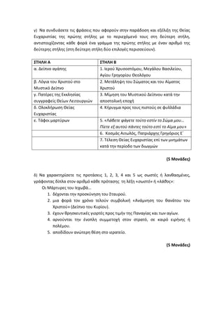 γ) Να συνδυάσετε τις φράσεις που αφορούν στην παράδοση και εξέλιξη της Θείας
Ευχαριστίας της πρώτης στήλης με το περιεχόμενό τους στη δεύτερη στήλη,
αντιστοιχίζοντας κάθε φορά ένα γράμμα της πρώτης στήλης με έναν αριθμό της
δεύτερης στήλης (στη δεύτερη στήλη δύο επιλογές περισσεύουν).
ΣΤΗΛΗ Α ΣΤΗΛΗ Β
α. Δείπνο αγάπης 1. Ιερού Χρυσοστόμου, Μεγάλου Βασιλείου,
Αγίου Γρηγορίου Θεολόγου
β. Λόγια του Χριστού στο
Μυστικό Δείπνο
2. Μετάληψη του Σώματος και του Αίματος
Χριστού
γ. Πατέρες της Εκκλησίας
συγγραφείς Θείων Λειτουργιών
3. Μίμηση του Μυστικού Δείπνου κατά την
αποστολική εποχή
δ. Ολοκλήρωση Θείας
Ευχαριστίας
4. Κήρυγμα προς τους πιστούς σε φυλλάδια
ε. Τάφοι μαρτύρων 5. «Λάβετε φάγετε τούτο εστίν το Σώμα μου…
Πίετε εξ αυτού πάντες τούτο εστί το Αίμα μου»
6. Κοσμάς Αιτωλός, Πατριάρχης Γρηγόριος Ε΄
7. Τέλεση Θείας Ευχαριστίας επί των μνημάτων
κατά την περίοδο των διωγμών
(5 Μονάδες)
δ) Να χαρακτηρίσετε τις προτάσεις 1, 2, 3, 4 και 5 ως σωστές ή λανθασμένες,
γράφοντας δίπλα στον αριθμό κάθε πρότασης τη λέξη «σωστό» ή «λάθος»:
Οι Μάρτυρες του Ιεχωβά…
1. δέχονται την προσκύνηση του Σταυρού.
2. μια φορά τον χρόνο τελούν συμβολική «Ανάμνηση του θανάτου του
Χριστού» (Δείπνο του Κυρίου).
3. έχουν θρησκευτικές γιορτές προς τιμήν της Παναγίας και των αγίων.
4. αρνούνται την ένοπλη συμμετοχή στον στρατό, σε καιρό ειρήνης ή
πολέμου.
5. αποδίδουν ανώτερη θέση στο ιερατείο.
(5 Μονάδες)
 