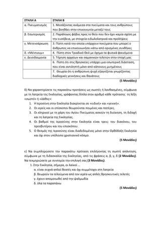ΣΤΗΛΗ Α ΣΤΗΛΗ Β
α. Πνευματισμός 1. Μεσάζοντας ανάμεσα στα πνεύματα και τους ανθρώπους
που βοηθάει στην επικοινωνία μεταξύ τους
β. Εσωτερισμός 2. Παράλογος φόβος προς το θείο που δεν έχει καμία σχέση με
την ευσέβεια, με στοιχεία ειδωλολατρικά και προλήψεις
γ. Μετενσάρκωση 3. Πίστη κατά την οποία υπάρχουν πνεύματα που μπορεί ο
άνθρωπος να επικοινωνήσει κάτω από ορισμένες συνθήκες
δ. «Μέντιουμ» 4. Πίστη στον Τριαδικό Θεό με όχημα τα φυσικά φαινόμενα
ε. Δεισιδαιμονία 5. Τήρηση αρχαίων και σαμανικών τελετών στην εποχή μας
6. Πίστη ότι στις θρησκείες υπάρχει μια εσωτερική διάσταση,
που είναι αντιληπτή μόνο από κάποιους μυημένους
7. Θεωρία ότι η ανθρώπινη ψυχή εξαγνίζεται γνωρίζοντας
διαδοχικές γεννήσεις και θανάτους
(5 Μονάδες)
δ) Να χαρακτηρίσετε τις παρακάτω προτάσεις ως σωστές ή λανθασμένες, σύμφωνα
με τη λατρεία της Εκκλησίας, γράφοντας δίπλα στον αριθμό κάθε πρότασης τη λέξη
«σωστό» ή «λάθος»:
1. Η Ιεροσύνη στην Εκκλησία διακρίνεται σε «ειδική» και «γενική».
2. Οι ιερείς και οι επίσκοποι θεωρούνται ποιμένες και πατέρες.
3. Οι κληρικοί με τη χάρη του Αγίου Πνεύματος ασκούν τη διοίκηση, τη διδαχή
και τη λατρεία της Εκκλησίας.
4. Οι βαθμοί της Ιεροσύνης στην Εκκλησία είναι τρεις: του διακόνου, του
πρεσβυτέρου και του επισκόπου.
5. Ο θεσμός της Ιεροσύνης είναι διαδεδομένος μόνο στην Ορθόδοξη Εκκλησία
και όχι στον υπόλοιπο χριστιανικό κόσμο.
(5 Μονάδες)
ε) Να συμπληρώσετε την παρακάτω πρόταση επιλέγοντας τη σωστή απάντηση,
σύμφωνα με τη διδασκαλία της Εκκλησίας, από τις φράσεις α, β, γ, δ (2 Μονάδες).
Να τεκμηριώσετε με συντομία την επιλογή σας (3 Μονάδες).
1. Στην Εκκλησία, σήμερα, οι λαϊκοί …
α. είναι συχνά απλοί θεατές και όχι συμμέτοχοι στη λατρεία
β. θεωρούν τα τελούμενα από τον ιερέα ως απλές θρησκευτικές τελετές
γ. έχουν απομονωθεί από την ψαλμωδία
δ. όλα τα παραπάνω
(5 Μονάδες)
 