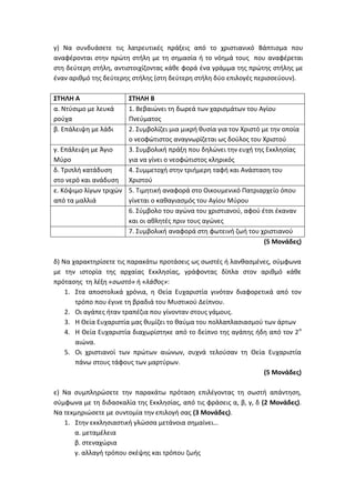 γ) Να συνδυάσετε τις λατρευτικές πράξεις από το χριστιανικό Βάπτισμα που
αναφέρονται στην πρώτη στήλη με τη σημασία ή το νόημά τους που αναφέρεται
στη δεύτερη στήλη, αντιστοιχίζοντας κάθε φορά ένα γράμμα της πρώτης στήλης με
έναν αριθμό της δεύτερης στήλης (στη δεύτερη στήλη δύο επιλογές περισσεύουν).
ΣΤΗΛΗ Α ΣΤΗΛΗ Β
α. Ντύσιμο με λευκά
ρούχα
1. Βεβαιώνει τη δωρεά των χαρισμάτων του Αγίου
Πνεύματος
β. Επάλειψη με λάδι 2. Συμβολίζει μια μικρή θυσία για τον Χριστό με την οποία
ο νεοφώτιστος αναγνωρίζεται ως δούλος του Χριστού
γ. Επάλειψη με Άγιο
Μύρο
3. Συμβολική πράξη που δηλώνει την ευχή της Εκκλησίας
για να γίνει ο νεοφώτιστος κληρικός
δ. Τριπλή κατάδυση
στο νερό και ανάδυση
4. Συμμετοχή στην τριήμερη ταφή και Ανάσταση του
Χριστού
ε. Κόψιμο λίγων τριχών
από τα μαλλιά
5. Τιμητική αναφορά στο Οικουμενικό Πατριαρχείο όπου
γίνεται ο καθαγιασμός του Αγίου Μύρου
6. Σύμβολο του αγώνα του χριστιανού, αφού έτσι έκαναν
και οι αθλητές πριν τους αγώνες
7. Συμβολική αναφορά στη φωτεινή ζωή του χριστιανού
(5 Μονάδες)
δ) Να χαρακτηρίσετε τις παρακάτω προτάσεις ως σωστές ή λανθασμένες, σύμφωνα
με την ιστορία της αρχαίας Εκκλησίας, γράφοντας δίπλα στον αριθμό κάθε
πρότασης τη λέξη «σωστό» ή «λάθος»:
1. Στα αποστολικά χρόνια, η Θεία Ευχαριστία γινόταν διαφορετικά από τον
τρόπο που έγινε τη βραδιά του Μυστικού Δείπνου.
2. Οι αγάπες ήταν τραπέζια που γίνονταν στους γάμους.
3. Η Θεία Ευχαριστία μας θυμίζει το θαύμα του πολλαπλασιασμού των άρτων
4. Η Θεία Ευχαριστία διαχωρίστηκε από το δείπνο της αγάπης ήδη από τον 2ο
αιώνα.
5. Οι χριστιανοί των πρώτων αιώνων, συχνά τελούσαν τη Θεία Ευχαριστία
πάνω στους τάφους των μαρτύρων.
(5 Μονάδες)
ε) Να συμπληρώσετε την παρακάτω πρόταση επιλέγοντας τη σωστή απάντηση,
σύμφωνα με τη διδασκαλία της Εκκλησίας, από τις φράσεις α, β, γ, δ (2 Μονάδες).
Να τεκμηριώσετε με συντομία την επιλογή σας (3 Μονάδες).
1. Στην εκκλησιαστική γλώσσα μετάνοια σημαίνει…
α. μεταμέλεια
β. στεναχώρια
γ. αλλαγή τρόπου σκέψης και τρόπου ζωής
 