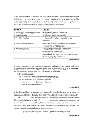 γ) Να συνδυάσετε τα τελούμενα στη Θεία Λειτουργία που αναφέρονται στην πρώτη
στήλη με την ερμηνεία τους η οποία αναφέρεται στη δεύτερη στήλη,
αντιστοιχίζοντας κάθε φορά έναν αριθμό της πρώτης στήλης με ένα γράμμα της
δεύτερης στήλης (στη δεύτερη στήλη δύο επιλογές περισσεύουν).
ΣΤΗΛΗ Α ΣΤΗΛΗ Β
1. Λειτουργία των κατηχουμένων α. Περικοπές από τα Ευαγγέλια
2. Μικρή Είσοδος β. Τέλος της Θείας Λειτουργίας
3. Μεγάλη Είσοδος γ. «Άγιος ο Θεός, άγιος ισχυρός, άγιος
αθάνατος…»
4. Ευαγγελικό ανάγνωσμα δ. Μεταφορά του Ευαγγελίου από την Αγία
Τράπεζα στο κέντρο του ναού
5. Τρισάγιος ύμνος ε. Συμμετείχαν και οι μη βαπτισμένοι
στ. Ανάγνωση προσευχών
ζ. μεταφορά του άρτου και του οίνου από την
Πρόθεση στην Αγία Τράπεζα
(5 Μονάδες)
δ) Να συμπληρώσετε την παρακάτω πρόταση επιλέγοντας τη σωστή απάντηση,
σύμφωνα με τη διδασκαλία της Εκκλησίας, από τις φράσεις α, β, γ, δ (2 Μονάδες).
Να τεκμηριώσετε με συντομία την επιλογή σας (3 Μονάδες).
1. Οι δεισιδαιμονίες…
α. οδηγούν τον άνθρωπο στη θεοποίηση της τύχης
β. δεν υπάρχουν στην ελληνική κοινωνία
γ. δηλώνουν την ευσέβεια των ανθρώπων
δ. κανένα από τα παραπάνω
(5 Μονάδες)
ε) Να ξαναγράψετε το κείμενο που ακολουθεί συμπληρώνοντας τα κενά με τις
κατάλληλες λέξεις που δίνονται στην παρένθεση. Σε κάθε κενό αντιστοιχεί μια λέξη.
«Η ………………… των πρώτων αιώνων είναι σαφής και ενιαία στο θέμα της
θέσης των λαϊκών στη λατρεία. Οι ………………… στο όνομα του Χριστού συμμετέχουν
ενεργά στα ………………… κατά τη λατρεία και συνεργάζονται με τους ………………… .
Σήμερα, η θέση των λαϊκών είναι πολύ διαφορετική. Ο μεγαλύτερος αριθμός των
πιστών προσέρχονται στη λατρεία ως …………………».
(κληρικούς / τελούμενα / θεατές / βαπτισμένοι / παράδοση)
(5 Μονάδες)
 