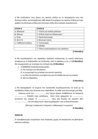 γ) Να συνδυάσετε τους όρους της πρώτης στήλης με το περιεχόμενό τους στη
δεύτερη στήλη, αντιστοιχίζοντας κάθε φορά ένα γράμμα της πρώτης στήλης με έναν
αριθμό της δεύτερης στήλης (στη δεύτερη στήλη δύο επιλογές περισσεύουν).
ΣΤΗΛΗ Α ΣΤΗΛΗ Β
α. Μασονία 1. Τελετή για παιδιά μασόνων
β. Μύηση 2. Ο Θεός κατά τον Μασονισμό
γ. Στοά 3. Προτεσταντισμός
δ. Μ.Α.Τ.Σ 4. Μυστική τελετή
ε. Υιοθεσία λυκιδέως 5. Τεκτονισμός
6. Ελλάδα
7. Τόπος συγκεντρώσεων των μασόνων
(5 Μονάδες)
δ) Να συμπληρώσετε την παρακάτω πρόταση επιλέγοντας τη σωστή απάντηση,
σύμφωνα με τη διδασκαλία της Εκκλησίας, από τις φράσεις α, β, γ, δ (2 Μονάδες).
Να τεκμηριώσετε με συντομία την επιλογή σας (3 Μονάδες).
1. Η Ορθόδοξη Εκκλησία αναγνωρίζει…
α. την ισοτιμία των δύο φύλων
β. τη συμμετοχή της γυναίκας στη γενική ιεροσύνη
γ. τις ίδιες δυνατότητες σωτηρίας και για τον άνδρα και για τη γυναίκα
δ. όλα τα παραπάνω
(5 Μονάδες)
ε) Να ξαναγράψετε το κείμενο που ακολουθεί συμπληρώνοντας τα κενά με τις
κατάλληλες λέξεις που δίνονται στην παρένθεση. Σε κάθε κενό αντιστοιχεί μια λέξη.
«Αμέσως μετά τον ………………….. των Τιμίων Δώρων διαβάζονται τα λεγόμενα
……………………, δηλαδή ένας κατάλογος, όπου είναι γραμμένα τα …………………..
ζωντανών και νεκρών. Η ……………………. τους μας θυμίζει ότι είμαστε όλοι
………………………. και στο κλίμα αυτό προετοιμαζόμαστε για τη Θεία Κοινωνία».
(δίπτυχα / ανάγνωση / ονόματα / καθαγιασμό / ενωμένοι)
(5 Μονάδες)
ΘΕΜΑ Β2
Ο νηπιοβαπτισμός επικράτησε στην Εκκλησία, χωρίς να αποκλείεται να βαπτίζεται
κάποιος ενήλικας.
 