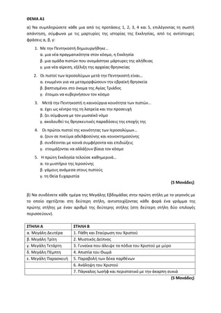 ΘΕΜΑ Α1
α) Να συμπληρώσετε κάθε μια από τις προτάσεις 1, 2, 3, 4 και 5, επιλέγοντας τη σωστή
απάντηση, σύμφωνα με τις μαρτυρίες της ιστορίας της Εκκλησίας, από τις αντίστοιχες
φράσεις α, β, γ:
1. Με την Πεντηκοστή δημιουργήθηκε…
α. μια νέα πραγματικότητα στον κόσμο, η Εκκλησία
β. μια ομάδα πιστών που ονομάστηκε μάρτυρες της αλήθειας
γ. μια νέα αίρεση, εξέλιξη της αρχαίας θρησκείας
2. Οι πιστοί των Ιεροσολύμων μετά την Πεντηκοστή είναι…
α. ενωμένοι για να μεταμορφώσουν την εβραϊκή θρησκεία
β. βαπτισμένοι στο όνομα της Αγίας Τριάδος
γ. έτοιμοι να κυβερνήσουν τον κόσμο
3. Μετά την Πεντηκοστή η καινούργια κοινότητα των πιστών…
α. έχει ως κέντρο της τη λατρεία και την προσευχή
β. ζει σύμφωνα με τον μωσαϊκό νόμο
γ. ακολουθεί τις θρησκευτικές παραδόσεις της εποχής της
4. Οι πρώτοι πιστοί της κοινότητας των Ιεροσολύμων…
α. ζουν σε πνεύμα αδελφοσύνης και κοινοκτημοσύνης
β. συνδέονται με κοινά συμφέροντα και επιδιώξεις
γ. ετοιμάζονται να αλλάξουν βίαια τον κόσμο
5. Η πρώτη Εκκλησία τελούσε καθημερινά…
α. το μυστήριο της Ιεροσύνης
β. γάμους ανάμεσα στους πιστούς
γ. τη Θεία Ευχαριστία
(5 Μονάδες)
β) Να συνδέσετε κάθε ημέρα της Μεγάλης Εβδομάδας στην πρώτη στήλη με το γεγονός με
το οποίο σχετίζεται στη δεύτερη στήλη, αντιστοιχίζοντας κάθε φορά ένα γράμμα της
πρώτης στήλης με έναν αριθμό της δεύτερης στήλης (στη δεύτερη στήλη δύο επιλογές
περισσεύουν).
ΣΤΗΛΗ Α ΣΤΗΛΗ Β
α. Μεγάλη Δευτέρα 1. Πάθη και Σταύρωση του Χριστού
β. Μεγάλη Τρίτη 2. Μυστικός Δείπνος
γ. Μεγάλη Τετάρτη 3. Γυναίκα που άλειψε τα πόδια του Χριστού με μύρο
δ. Μεγάλη Πέμπτη 4. Απιστία του Θωμά
ε. Μεγάλη Παρασκευή 5. Παραβολή των δέκα παρθένων
6. Ανάληψη του Χριστού
7. Πάγκαλος Ιωσήφ και περιστατικό με την άκαρπη συκιά
(5 Μονάδες)
 