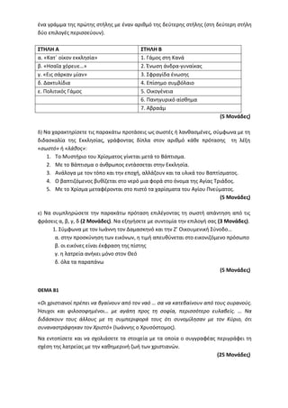 ένα γράμμα της πρώτης στήλης με έναν αριθμό της δεύτερης στήλης (στη δεύτερη στήλη
δύο επιλογές περισσεύουν).
ΣΤΗΛΗ Α ΣΤΗΛΗ Β
α. «Κατ΄ οίκον εκκλησία» 1. Γάμος στη Κανά
β. «Ησαΐα χόρευε…» 2. Ένωση άνδρα-γυναίκας
γ. «Εις σάρκαν μίαν» 3. Σφραγίδα ένωσης
δ. Δακτυλίδια 4. Επίσημο συμβόλαιο
ε. Πολιτικός Γάμος 5. Οικογένεια
6. Πανηγυρικό αίσθημα
7. Αβραάμ
(5 Μονάδες)
δ) Να χαρακτηρίσετε τις παρακάτω προτάσεις ως σωστές ή λανθασμένες, σύμφωνα με τη
διδασκαλία της Εκκλησίας, γράφοντας δίπλα στον αριθμό κάθε πρότασης τη λέξη
«σωστό» ή «λάθος»:
1. Το Μυστήριο του Χρίσματος γίνεται μετά το Βάπτισμα.
2. Με το Βάπτισμα ο άνθρωπος εντάσσεται στην Εκκλησία.
3. Ανάλογα με τον τόπο και την εποχή, αλλάζουν και τα υλικά του Βαπτίσματος.
4. Ο βαπτιζόμενος βυθίζεται στο νερό μια φορά στο όνομα της Αγίας Τριάδος.
5. Με το Χρίσμα μεταφέρονται στο πιστό τα χαρίσματα του Αγίου Πνεύματος.
(5 Μονάδες)
ε) Να συμπληρώσετε την παρακάτω πρόταση επιλέγοντας τη σωστή απάντηση από τις
φράσεις α, β, γ, δ (2 Μονάδες). Να εξηγήσετε με συντομία την επιλογή σας (3 Μονάδες).
1. Σύμφωνα με τον Ιωάννη τον Δαμασκηνό και την Ζ’ Οικουμενική Σύνοδο…
α. στην προσκύνηση των εικόνων, η τιμή απευθύνεται στο εικονιζόμενο πρόσωπο
β. οι εικόνες είναι έκφραση της πίστης
γ. η λατρεία ανήκει μόνο στον Θεό
δ. όλα τα παραπάνω
(5 Μονάδες)
ΘΕΜΑ Β1
«Οι χριστιανοί πρέπει να βγαίνουν από τον ναό … σα να κατεβαίνουν από τους ουρανούς.
Ήσυχοι και φιλοσοφημένοι… με αγάπη προς τη σοφία, περισσότερο ευλαβείς. … Να
διδάσκουν τους άλλους με τη συμπεριφορά τους ότι συνομίλησαν με τον Κύριο, ότι
συναναστράφηκαν τον Χριστό» (Ιωάννης ο Χρυσόστομος).
Να εντοπίσετε και να σχολιάσετε τα στοιχεία με τα οποία ο συγγραφέας περιγράφει τη
σχέση της λατρείας με την καθημερινή ζωή των χριστιανών.
(25 Μονάδες)
 