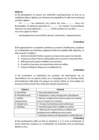 ΘΕΜΑ Α1
α) Να ξαναγράψετε το κείμενο που ακολουθεί συμπληρώνοντας τα κενά με τις
κατάλληλες λέξεις ή φράσεις που δίνονται στην παρένθεση. Σε κάθε κενό αντιστοιχεί
μια λέξη ή φράση.
«Η …………….. των προσώπων στις εικόνες δεν είναι …………….. όπως στις
φωτογραφίες. Τα πρόσωπα μαρτυρούν τη …………….. του ουρανού. Τα εικονιζόμενα
πρόσωπα των αγίων φαίνονται ……………….. επειδή μετέχουν σε μια άλλη ……………..
που είναι η χάρη του Θεού».
(μεταμορφωμένα / μυστική δόξα / φυσική / απεικόνιση / πραγματικότητα)
(5 Μονάδες)
β) Να χαρακτηρίσετε τις παρακάτω προτάσεις ως σωστές ή λανθασμένες, σύμφωνα
με τη διδασκαλία της Εκκλησίας, γράφοντας δίπλα στον αριθμό κάθε πρότασης τη
λέξη «σωστό» ή «λάθος»:
1. Κατά τον απόστολο Παύλο, η μίμηση των αγίων είναι μίμηση του Χριστού.
2. Η γιορτή των Αγίων Πάντων καθιερώθηκε για να τιμώνται οι άγνωστοι θεοί.
3. Κάθε χριστιανός μπορεί να φθάσει στην αγιότητα.
4. Οι ασκητές είναι άγιοι που αγωνίστηκαν κατά των παθών.
5. Ο άγιος αποδέχεται πλήρως τον συνάνθρωπό του.
(5 Μονάδες)
γ) Να συνδυάσετε τη διαδικασία στο μυστήριο του Βαπτίσματος και τις
προϋποθέσεις του της πρώτης στήλης με το περιεχόμενό της στη δεύτερη στήλη,
αντιστοιχίζοντας κάθε φορά ένα γράμμα της πρώτης στήλης με έναν αριθμό της
δεύτερης στήλης (στη δεύτερη στήλη δύο επιλογές περισσεύουν).
ΣΤΗΛΗ Α ΣΤΗΛΗ Β
α. Άγιο Μύρο 1. Όσοι μόλις βαπτίστηκαν
β. Νηπιοβαπτισμός 2. Ακροώμενοι, κυρίως κατηχούμενοι, φωτιζόμενοι
γ. Ομάδες
κατηχουμένων
3. Χρίεται ο νεοφώτιστος σε όλα τα μέρη του σώματός
του με το σημείο του σταυρού
δ. Νεοφώτιστοι 4. Οι ευχές της Εκκλησίας κατά το Βάπτισμα
ε. Ανάδοχος 5. Αποκοπή τριχών από το κεφάλι του νηπίου
6. Βάπτισμα σε νηπιακή ηλικία με ανάθεση της
κατήχησης στον ανάδοχο και στους γονείς
7. Ομολογία πίστεως για λογαριασμό του βαπτιζόμενου
(5 Μονάδες)
δ) Να συμπληρώσετε κάθε μια από τις προτάσεις 1, 2, 3, 4 και 5 επιλέγοντας τη
σωστή απάντηση, σύμφωνα με τη διδασκαλία της Εκκλησίας, από τις αντίστοιχες
φράσεις α, β, γ.
 