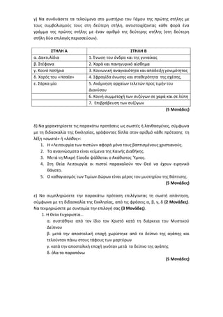 γ) Να συνδυάσετε τα τελούμενα στο μυστήριο του Γάμου της πρώτης στήλης με
τους συμβολισμούς τους στη δεύτερη στήλη, αντιστοιχίζοντας κάθε φορά ένα
γράμμα της πρώτης στήλης με έναν αριθμό της δεύτερης στήλης (στη δεύτερη
στήλη δύο επιλογές περισσεύουν).
ΣΤΗΛΗ Α ΣΤΗΛΗ Β
α. Δακτυλίδια 1. Ένωση του άνδρα και της γυναίκας
β. Στέφανα 2. Χαρά και πανηγυρικό αίσθημα
γ. Κοινό ποτήριο 3. Κοινωνική αναγκαιότητα και απόδειξη γονιμότητας
δ. Χορός του «Ησαΐα» 4. Σφραγίδα ένωσης και σταθερότητα της σχέσης,
ε. Σάρκα μία 5. Ανάμνηση αρχαίων τελετών προς τιμήν του
Διονύσου
6. Κοινή συμμετοχή των συζύγων σε χαρά και σε λύπη
7. Επιβράβευση των συζύγων
(5 Μονάδες)
δ) Να χαρακτηρίσετε τις παρακάτω προτάσεις ως σωστές ή λανθασμένες, σύμφωνα
με τη διδασκαλία της Εκκλησίας, γράφοντας δίπλα στον αριθμό κάθε πρότασης τη
λέξη «σωστό» ή «λάθος»:
1. Η «Λειτουργία των πιστών» αφορά μόνο τους βαπτισμένους χριστιανούς.
2. Τα αναγνώσματα είναι κείμενα της Καινής Διαθήκης.
3. Μετά τη Μικρή Είσοδο ψάλλεται ο Ακάθιστος Ύμνος.
4. Στη Θεία Λειτουργία οι πιστοί παρακαλούν τον Θεό να έχουν ειρηνικό
θάνατο.
5. Ο καθαγιασμός των Τιμίων Δώρων είναι μέρος του μυστηρίου της Βάπτισης.
(5 Μονάδες)
ε) Να συμπληρώσετε την παρακάτω πρόταση επιλέγοντας τη σωστή απάντηση,
σύμφωνα με τη διδασκαλία της Εκκλησίας, από τις φράσεις α, β, γ, δ (2 Μονάδες).
Να τεκμηριώσετε με συντομία την επιλογή σας (3 Μονάδες).
1. Η Θεία Ευχαριστία…
α. συστάθηκε από τον ίδιο τον Χριστό κατά τη διάρκεια του Μυστικού
Δείπνου
β. μετά την αποστολική εποχή χωρίστηκε από το δείπνο της αγάπης και
τελούνταν πάνω στους τάφους των μαρτύρων
γ. κατά την αποστολική εποχή γινόταν μετά το δείπνο της αγάπης
δ. όλα τα παραπάνω
(5 Μονάδες)
 