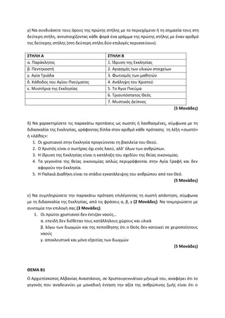 γ) Να συνδυάσετε τους όρους της πρώτης στήλης με το περιεχόμενο ή τη σημασία τους στη
δεύτερη στήλη, αντιστοιχίζοντας κάθε φορά ένα γράμμα της πρώτης στήλης με έναν αριθμό
της δεύτερης στήλης (στη δεύτερη στήλη δύο επιλογές περισσεύουν).
ΣΤΗΛΗ Α ΣΤΗΛΗ Β
α. Παράκλητος 1. Ίδρυση της Εκκλησίας
β. Πεντηκοστή 2. Αγιασμός των υλικών στοιχείων
γ. Αγία Τριάδα 3. Φωτισμός των μαθητών
δ. Κάθοδος του Αγίου Πνεύματος 4. Ανάληψη του Χριστού
ε. Μυστήρια της Εκκλησίας 5. Το Άγιο Πνεύμα
6. Τρισυπόστατος Θεός
7. Μυστικός Δείπνος
(5 Μονάδες)
δ) Να χαρακτηρίσετε τις παρακάτω προτάσεις ως σωστές ή λανθασμένες, σύμφωνα με τη
διδασκαλία της Εκκλησίας, γράφοντας δίπλα στον αριθμό κάθε πρότασης τη λέξη «σωστό»
ή «λάθος»:
1. Οι χριστιανοί στην Εκκλησία προγεύονται τη βασιλεία του Θεού.
2. Ο Χριστός είναι ο σωτήρας όχι ενός λαού, αλλ’ όλων των ανθρώπων.
3. Η ίδρυση της Εκκλησίας είναι η κατάληξη του σχεδίου της θείας οικονομίας.
4. Τα γεγονότα της θείας οικονομίας απλώς περιγράφονται στην Αγία Γραφή και δεν
αφορούν την Εκκλησία.
5. Η Παλαιά Διαθήκη είναι το στάδιο εγκατάλειψης του ανθρώπου από τον Θεό.
(5 Μονάδες)
ε) Να συμπληρώσετε την παρακάτω πρόταση επιλέγοντας τη σωστή απάντηση, σύμφωνα
με τη διδασκαλία της Εκκλησίας, από τις φράσεις α, β, γ (2 Μονάδες). Να τεκμηριώσετε με
συντομία την επιλογή σας (3 Μονάδες).
1. Οι πρώτοι χριστιανοί δεν έκτιζαν ναούς…
α. επειδή δεν διέθεταν τους κατάλληλους χώρους και υλικά
β. λόγω των διωγμών και της πεποίθησης ότι ο Θεός δεν κατοικεί σε χειροποίητους
ναούς
γ. αποκλειστικά και μόνο εξαιτίας των διωγμών
(5 Μονάδες)
ΘΕΜΑ Β1
Ο Αρχιεπίσκοπος Αλβανίας Αναστάσιος, σε Χριστουγεννιάτικο μήνυμά του, αναφέρει ότι το
γεγονός που αναδεικνύει με μοναδική ένταση την αξία της ανθρώπινης ζωής είναι ότι ο
 