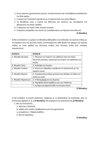 1. Στους πρώτους χριστιανικούς αιώνες, τα Χριστούγεννα και τα Θεοφάνια γιορτάζονταν
την ίδια ημέρα.
2. Η γιορτή της Υπαπαντής σχετίζεται με τη προσκύνηση των τριών Μάγων.
3. Τα Θεοφάνια είναι η γιορτή της Βάπτισης του Χριστού και ταυτόχρονα της
φανέρωσης της Αγίας Τριάδας.
4. Η σάρκωση του Ιησού είναι ιστορικό γεγονός.
5. Ο άγγελος αναγγέλλει τον σκοπό της ενανθρώπησης του Χριστού στον Μωυσή.
(5 Μονάδες)
δ) Να συνδυάσετε τις ημέρες της Μεγάλης Εβδομάδος της Εκκλησίας της πρώτης στήλης με
τη σημασία τους στη δεύτερη στήλη, αντιστοιχίζοντας κάθε φορά ένα γράμμα της πρώτης
στήλης με έναν αριθμό της δεύτερης στήλης (στη δεύτερη στήλη δύο επιλογές
περισσεύουν).
ΣΤΗΛΗ Α ΣΤΗΛΗ Β
α. Μεγάλη Δευτέρα 1. Πλύσιμο των ποδιών των μαθητών από τον Ιησού,
Μυστικός Δείπνος, προσευχή του Κυρίου και προδοσία του
Ιούδα
β. Μεγάλη Τρίτη 2. Ανάληψη του Κυρίου
γ. Μεγάλη Τετάρτη 3. Η ζωή του πάγκαλου Ιωσήφ και το περιστατικό με την
άκαρπη συκιά
δ. Μεγάλη Πέμπτη 4. Η αμαρτωλή γυναίκα μετανοεί και αλείφει τα πόδια του
Ιησού με μύρο
ε. Μεγάλη Παρασκευή 5. Η Μεταμόρφωση του Χριστού
6. Παραβολή δέκα παρθένων και των ταλάντων
7. Σωτήρια και φρικτά πάθη του Κυρίου Ιησού
(5 Μονάδες)
ε) Να επιλέξετε τη σωστή απάντηση, σύμφωνα με τη διδασκαλία της Εκκλησίας, από τις
αντίστοιχες φράσεις α, β, γ (2 Μονάδες). Να εξηγήσετε την απάντησή σας (3 Μονάδες).
1. Με την Πεντηκοστή…
α. ιδρύεται η Εκκλησία
β. αρχίζει νέος κύκλος προβλημάτων για τους χριστιανούς
γ. συνεχίζεται η Παλαιά Διαθήκη
δ. όλα τα παραπάνω
(5 Μονάδες)
 