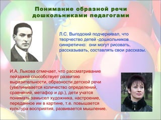 Понимание образной речи
дошкольниками педагогами
Л.С. Выгодский подчеркивал, что
творчество детей -дошкольников
синкретично: они могут рисовать,
рассказывать, составлять свои рассказы.
И.А. Лыкова отмечает, что рассматривание
пейзажей способствует развитию
выразительности, образности детской речи
(увеличивается количество определений,
сравнений, метафор и др.), дети учатся
понимать замысел художника, настроение,
переданное им в картине, т.е. повышается
культура восприятия, развивается мышление.
 