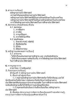 18
3. สาระการเรียนรู้
หลักฐานทางประวัติศาสตร์
-ความสำาคัญของหลักฐานทางประวัติศาสตร์
-หลักฐานทางประวัติศาสตร์ที่เป็นลายลักษณ์อักษรในประเทศไทย
-หลักฐานทางประวัติศาสตร์ที่ไม่เป็นลายลักษณ์อักษรในประเทศไทย
-การใช้หลักฐานทางประวัติศาสตร์ในการศึกษาประวัติศาสตร์
4. สมรรถนะ/คุณลักษณะที่เน้น
4.1 สมรรถนะ
1. การสื่อสาร
2. การคิด
3. การแก้ปัญหา
4. การใช้ทักษะชีวิต
4.2 คุณลักษณะ
1. รักชาติ ศาสน์ กษัตริย์
2. ซื่อสัตย์สุจริต
3. มีวินัย
4. มีจิตสาธารณะ
5. หลักฐานแสดงผลการเรียนรู้
5.1 ภาระงาน
- ให้นักเรียนเล่นเกมตามหาหลักฐาน และ เกมจับคู่หลักฐาน
- ให้นักเรียนระดมความคิดเกี่ยวกับ การใช้หลักฐานทางประวัติศาสตร์
ในการศึกษาประวัติศาสตร์
6. การบูรณาการ
ภาษาไทย: การเขียนสรุป
7. กิจกรรมการเรียนรู้
ชั่วโมงที่ 1 หลักฐานทางประวัติศาสตร์
1. ขั้นนำาเข้าสู่บทเรียน
1.1 ครูนำารูปหลักฐานทางประวัติศาสตร์มาให้นักเรียนดู และให้
นักเรียนช่วยกันพิจารณา ครูสนทนากับนักเรียนว่าหลักฐานทาง
ประวัติศาสตร์คือร่องรอยการกระทำาของอดีต ในการศึกษาทางประวัติศาสตร์
จะต้องมีหลักฐานเพื่อให้ได้เรื่องราวและข้อมูลที่ถูกต้อง
1.2 ครูตกลงกับนักเรียนว่าวันนี้จะเรียนเรื่อง หลักฐานทาง
ประวัติศาสตร์
2. ขั้นสอน (กระบวนการจัดการเรียนรู้แบบสร้างองค์ความรู้,
กระบวนการจัดการเรียนรู้แบบศึกษาค้นคว้า)
 