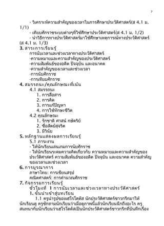 7
- วิเคราะห์ความสำาคัญของเวลาในการศึกษาประวัติศาสตร์(ส 4.1 ม.
1/1)
- เทียบศักราชระบบต่างๆที่ใช้ศึกษาประวัติศาสตร์(ส 4.1 ม. 1/2)
- นำาวิธีการทางประวัติศาสตร์มาใช้ศึกษาเหตุการณ์ทางประวัติศาสตร์
(ส 4.1 ม. 1/3)
3. สาระการเรียนรู้
การนับเวลาและช่วงเวลาทางประวัติศาสตร์
-ความหมายและความสำาคัญของประวัติศาสตร์
-ความสัมพันธ์ของอดีต ปัจจุบัน และอนาคต
-ความสำาคัญของเวลาและช่วงเวลา
-การนับศักราช
-การเทียบศักราช
4. สมรรถนะ/คุณลักษณะที่เน้น
4.1 สมรรถนะ
1. การสื่อสาร
2. การคิด
3. การแก้ปัญหา
4. การใช้ทักษะชีวิต
4.2 คุณลักษณะ
1. รักชาติ ศาสน์ กษัตริย์
2. ซื่อสัตย์สุจริต
3. มีวินัย
5. หลักฐานแสดงผลการเรียนรู้
5.1 ภาระงาน
- ให้นักเรียนเล่นเกมการนับศักราช
- ให้นักเรียนระดมความคิดเกี่ยวกับ ความหมายและความสำาคัญของ
ประวัติศาสตร์ ความสัมพันธ์ของอดีต ปัจจุบัน และอนาคต ความสำาคัญ
ของเวลาและช่วงเวลา
6. การบูรณาการ
ภาษาไทย: การเขียนสรุป
คณิตศาสตร์: การคำานวณศักราช
7. กิจกรรมการเรียนรู้
ชั่วโมงที่ 1 การนับเวลาและช่วงเวลาทางประวัติศาสตร์
1. ขั้นนำาเข้าสู่บทเรียน
1.1 ครูนำารูปของเฮโรโดตัส นักประวัติศาสตร์ชาวกรีกมาให้
นักเรียนดู ครูซักถามนักเรียนว่าเมื่อดูภาพนี้แล้วนักเรียนนึกถึงอะไร ครู
สนทนากับนักเรียนว่าเฮโรโดตัสเป็นนักประวัติศาสตร์ชาวกรีกที่บันทึกเรื่อง
 