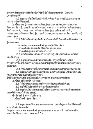 8
ราวการสู้รบระหว่างกรีกกับเปอร์เซียร์ จึงได้สมญานามว่า “บิดาแห่ง
ประวัติศาสตร์”
1.2 ครูตกลงกับนักเรียนว่าวันนี้จะเรียนเรื่อง การนับเวลาและช่วง
เวลาทางประวัติศาสตร์
2. ขั้นสอน (กระบวนการเรียนรู้แบบบรรยาย, กระบวนการ
จัดการเรียนรู้แบบสร้างองค์ความรู้, กระบวนการจัดการเรียนรู้แบบ
คิดวิเคราะห์, กระบวนการจัดการเรียนรู้แบบศึกษาค้นคว้า,
กระบวนการจัดการเรียนรู้แบบอภิปราย, กระบวนการจัดการเรียนรู้
แบบกลุ่ม)
2.1 ให้นักเรียนจับคู่เพื่อศึกษาเรื่องต่อไปนี้ โดยสร้างเป็นองค์ความ
รู้ของตนเอง
-ความหมายและความสำาคัญของประวัติศาสตร์
-ความสัมพันธ์ของอดีต ปัจจุบัน และอนาคต
-ความสำาคัญของเวลาและช่วงเวลา
2.2 นักเรียนสามารถค้นคว้าหาความรู้ได้จากห้องสมุด เอกสาร
และสื่อต่างๆ
2.3 ครูสุ่มเลือกนักเรียนออกมาแสดงความรู้ที่ตนเองได้คิด
สร้างสรรค์ขึ้นจากองค์ความรู้เดิมและความรู้ใหม่ที่ค้นคว้ามาเป็นองค์ความรู้
ของตนเอง
2.4 ให้นักเรียนในชั้นช่วยกันวิเคราะห์แสดงความคิดเห็นเพิ่มเติม
2.5 ครูอธิบายรายละเอียดเพิ่มเติม และร่วมกันสรุปโดยให้นักเรียน
ศึกษาจากหนังสือเรียนประวัติศาสตร์
ชั้นมัธยมศึกษาปีที่1 สำานักพิมพ์ประสานมิตร ประกอบการอธิบาย
3. ขั้นสรุปและประเมินผล
3.1 ให้นักเรียนร่วมกันสรุปสาระสำาคัญของเรื่องที่เรียน
3.2 ครูให้นักเรียนทำากิจกรรมพัฒนาการคิด
3.3 ครูประเมินผลงานของนักเรียน สมรรถนะและคุณลักษณะตาม
เกณฑ์ที่กำาหนดไว้ (Rubrics)
ชั่วโมงที่ 2 การนับศักราช
1. ขั้นนำาเข้าสู่บทเรียน
1.1 ครูทบทวนเรื่อง ความหมายและความสำาคัญของประวัติศาสตร์
ความสัมพันธ์ของอดีต
ปัจจุบัน และอนาคต ความสำาคัญของเวลาและช่วงเวลา มีการซักถามเป็น
ระยะเพื่อเป็นการทบทวนความเข้าใจ
 