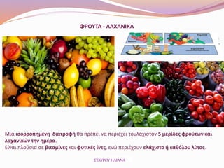 ΦΡΟΥΤΑ - ΛΑΧΑΝΙΚΑ
Μια ισορροπημένη διατροφή θα πρέπει να περιέχει τουλάχιστον 5 μερίδες φρούτων και
λαχανικών την ημέρα.
Είναι πλούσια σε βιταμίνες και φυτικές ίνες, ενώ περιέχουν ελάχιστο ή καθόλου λίπος.
ΣΤΑΥΡΟΥ ΗΛΙΑΝΑ
 
