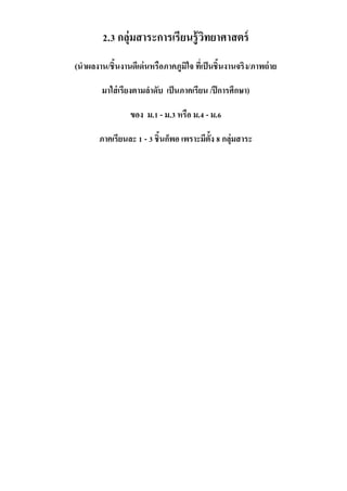 2.3 กลุ่มสาระการเรียนรู้วิทยาศาสตร์
(นาผลงาน/ชิ้นงานดีเด่นหรือภาคภูมิใจ ที่เป็นชิ้นงานจริง/ภาพถ่าย
มาใส่เรียงตามลาดับ เป็นภาคเรียน /ปีการศึกษา)
ของ ม.1 - ม.3 หรือ ม.4 - ม.6
ภาคเรียนละ 1 - 3 ชิ้นก็พอ เพราะมีตั้ง 8 กลุ่มสาระ
 