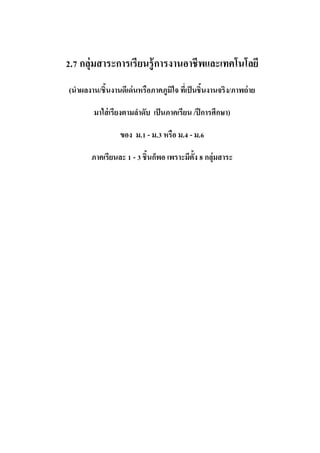 2.7 กลุ่มสาระการเรียนรู้การงานอาชีพและเทคโนโลยี
(นาผลงาน/ชิ้นงานดีเด่นหรือภาคภูมิใจ ที่เป็นชิ้นงานจริง/ภาพถ่าย
มาใส่เรียงตามลาดับ เป็นภาคเรียน /ปีการศึกษา)
ของ ม.1 - ม.3 หรือ ม.4 - ม.6
ภาคเรียนละ 1 - 3 ชิ้นก็พอ เพราะมีตั้ง 8 กลุ่มสาระ
 