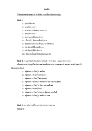 สารบัญ
(ไม่ต้องลงเลขหน้า เพราะมีการเพิ่มเติม และเปลี่ยนแปลงตลอดเวลา)
ส่วนที่ 1
1.1 ประวัติส่วนตัว
1.2 ประวัติครอบครัว
1.3 ควำมสำมรถพิเศษและควำมสนใจ
1.4 ประวัติกำรศึกษำ
1.5 รำยงำนประวัติผลกำรเรียน
1.6 เกียรติประวัติผลงำนด้ำนวิชำกำร
1.7 ประวัติกำรเข้ำอบรม/ศึกษำดูงำน/ทัศนศึกษำ
1.8 เกียรติประวัติด้ำนพฤติกรรม
1.9 เกียรติประวัติด้ำนกิจกรรม
อื่นๆ สำมำรถเพิ่มเติมได้ตำมควำมเหมำะสม
ส่วนที่ 2 ควำมภำคภูมิใจ ในผลงำนกำรเรียนรู้ จำกกำรเรียน 8 กลุ่มสำระกำรเรียนรู้
(เลือกเอาชิ้นงานที่ภาคภูมิใจมาใส่อาจจะภาคเรียนละ 1 - 3 ชิ้นพอ เพราะมี 8 กลุ่มสาระฯ ถ้ารวม 3 ปี
ก็จะมีหลายหน้าอยู่)
2.1 กลุ่มสาระการเรียนรู้ภาษาไทย
2.2 กลุ่มสาระการเรียนรู้คณิตศาสตร์
2.3 กลุ่มสาระการเรียนรู้วิทยาศาสตร์
2.4 กลุ่มสาระการเรียนรู้สังคมศึกษา ศาสนาและวัฒนธรรม
2.5 กลุ่มสาระการเรียนรู้สุขศึกษาและพลศึกษา
2.6 กลุ่มสาระการเรียนรู้ศิลปะ
2.7 กลุ่มสาระการเรียนรู้การงานอาชีพและเทคโนโลยี
2.8 กลุ่มสาระการเรียนรู้ภาษาต่างประเทศ
ส่วนที่ 3 ผลงำนที่ภำคภูมิใจจำกกำรเข้ำร่วมกิจกรรมต่ำงๆ
ภาคผนวก
 