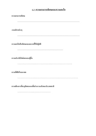 1.3 ความสามารถพิเศษและความสนใจ
ความสามารถพิเศษ
..................................................................................................................................................
งานอดิเรกต่างๆ
..................................................................................................................................................
ความสนใจเป็นพิเศษและผลงานที่ได้ปฏิบัติ
...........................................................................................................
ความประทับใจต่อตนเอง/ผู้อื่น
…………………………………………………..………………………………..
ความใฝ่ ฝันในอนาคต
……………………………………………………………….…………………………….
ความต้องการที่จะอุทิศตนเองเพื่อส่วนรวม/สังคม/ประเทศชาติ
………………………..…………………………
 