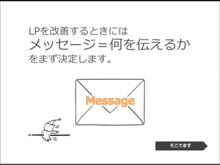 LPを改善するときには
メッセージ＝何を伝えるか
をまず決定します。
そこでまず
 