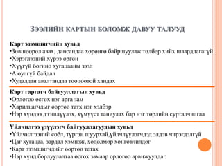 ЗЭЭЛИЙН КАРТЫН БОЛОМЖ ДАВУУ ТАЛУУД
Карт эзэмшигчийн хувьд
•Зөвшөөрөл авах, дансандаа хөрөнгө байршуулаж төлбөр хийх шаардлагагүй
•Хэрэглээний хүрээ өргөн
•Хүүгүй богино хугацааны зээл
•Аюулгүй байдал
•Худалдан авалтандаа тооцоотой хандах
Карт гаргагч байгууллагын хувьд
•Орлогоо өсгөх нэг арга зам
•Харилцагчдыг өөртөө татх нэг хэлбэр
•Нэр хүндээ дээшлүүлэх, хүмүүст таниулах бар нэг төрлийн сурталчилгаа
Үйлчилгээ үзүүлэгч байгууллагуудын хувьд
•Үйлчилгээний соёл, түргэн шуурхай,үйлчлүүлэгчдэд элдэв чирэгдэлгүй
•Цаг хугацаа, зардал хэмнэж, хөдөлмөр хөнгөвчилдөг
•Карт эзэмшигчдийг өөртөө татах
•Нэр хүнд борлуулалтаа өсгөх замаар орлогоо арвижуулдаг.
 
