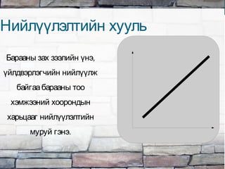 Нийлүүлэлтийн хууль
Барааны зах зээлийн үнэ,
үйлдвэрлэгчийн нийлүүлж
байгаабарааны тоо
хэмжээний хоорондын
харьцааг нийлүүлэлтийн
муруй гэнэ.
Нийлүүлэлтийн муруй
 