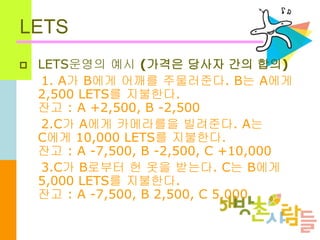 LETS
 LETS운영의 예시 (가격은 당사자 간의 합의)
1. A가 B에게 어깨를 주물러준다. B는 A에게
2,500 LETS를 지불한다.
잔고 : A +2,500, B -2,500
2.C가 A에게 카메라를을 빌려준다. A는
C에게 10,000 LETS를 지불한다.
잔고 : A -7,500, B -2,500, C +10,000
3.C가 B로부터 헌 옷을 받는다. C는 B에게
5,000 LETS를 지불한다.
잔고 : A -7,500, B 2,500, C 5,000
 